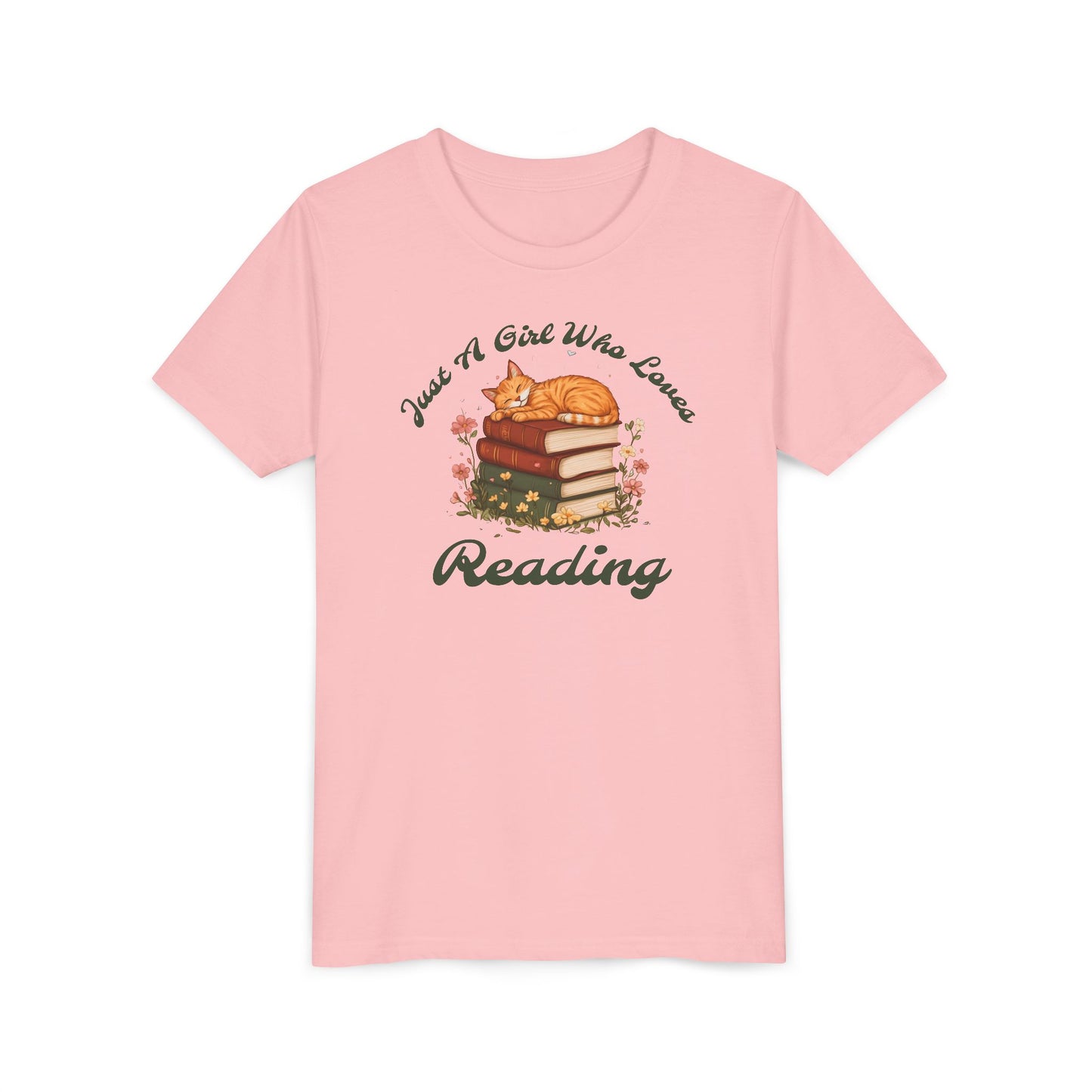 Youth Tee — "Just A Girl Who Loves Reading" Cat on Books Graphic
