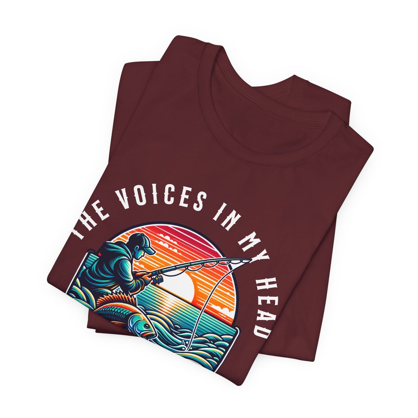 Fishing T‑Shirt — “The Voices in My Head Are Telling Me to Go Fishing” Vintage Sunset Tee