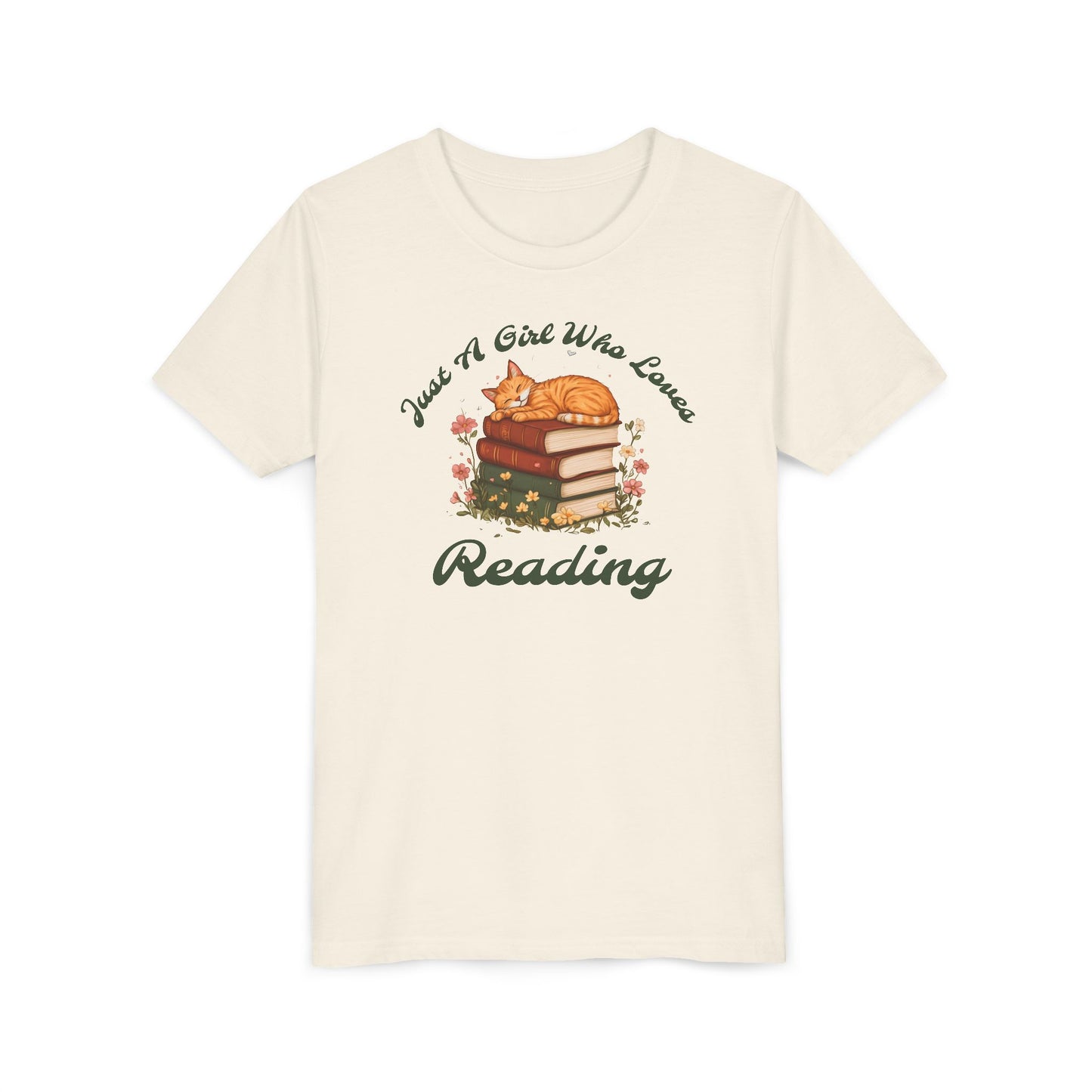 Youth Tee — "Just A Girl Who Loves Reading" Cat on Books Graphic
