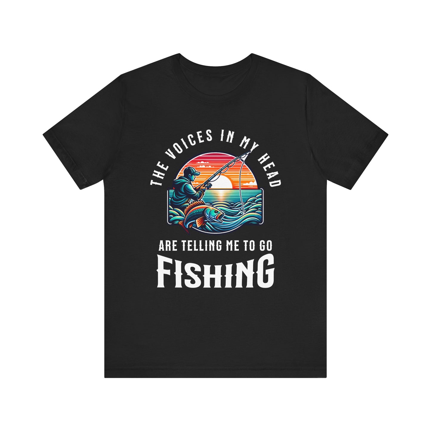 Fishing T‑Shirt — “The Voices in My Head Are Telling Me to Go Fishing” Vintage Sunset Tee