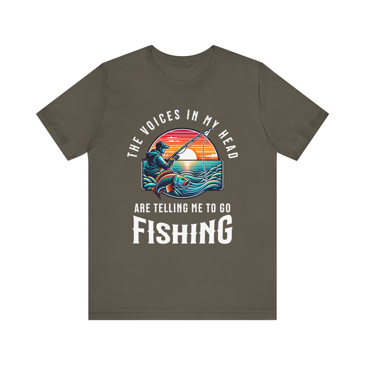 Fishing T‑Shirt — “The Voices in My Head Are Telling Me to Go Fishing” Vintage Sunset Tee