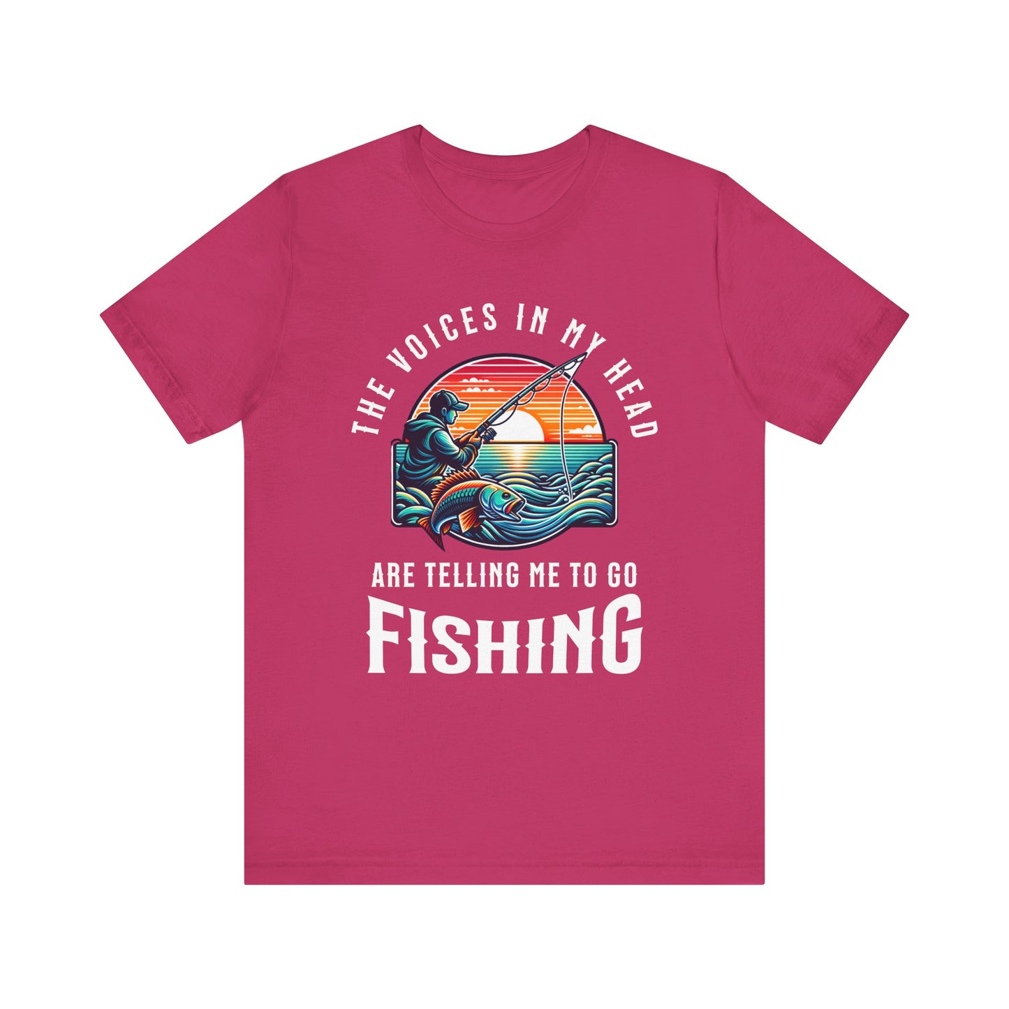 Fishing T‑Shirt — “The Voices in My Head Are Telling Me to Go Fishing” Vintage Sunset Tee