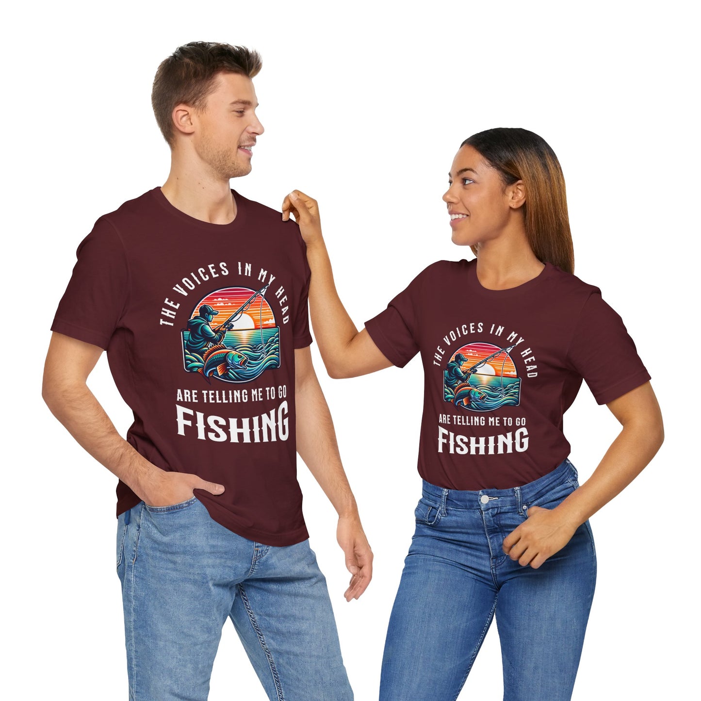 Fishing T‑Shirt — “The Voices in My Head Are Telling Me to Go Fishing” Vintage Sunset Tee