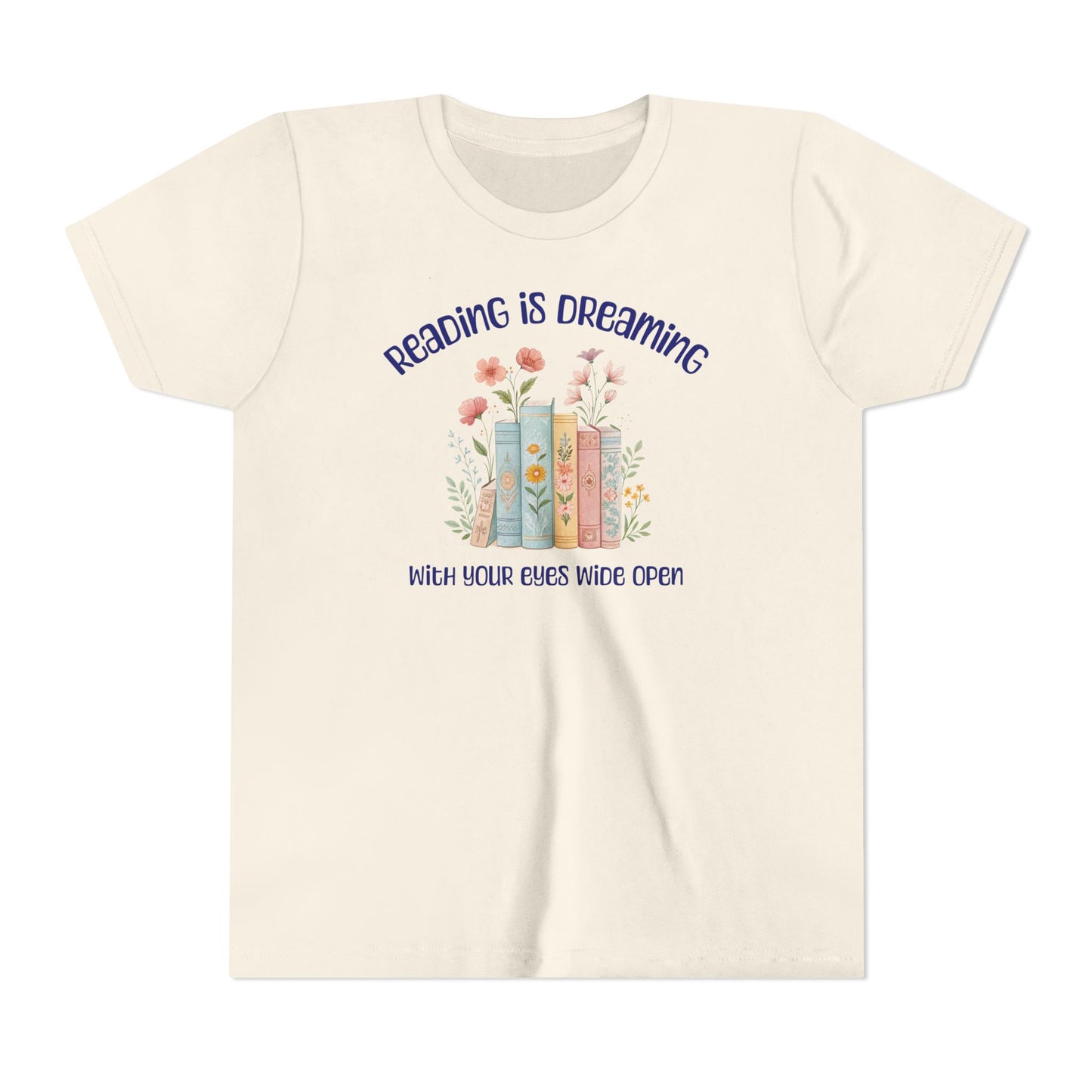 Youth Tee — "Reading Is Dreaming With Your Eyes Wide Open" Floral Book Graphic