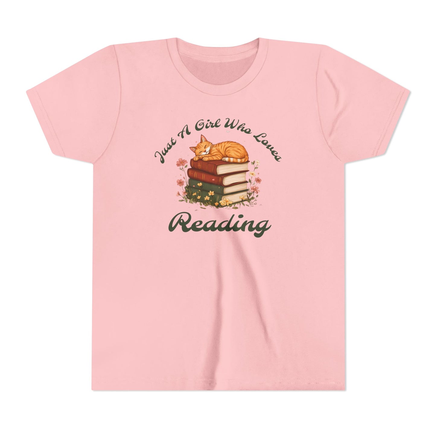 Youth Tee — "Just A Girl Who Loves Reading" Cat on Books Graphic