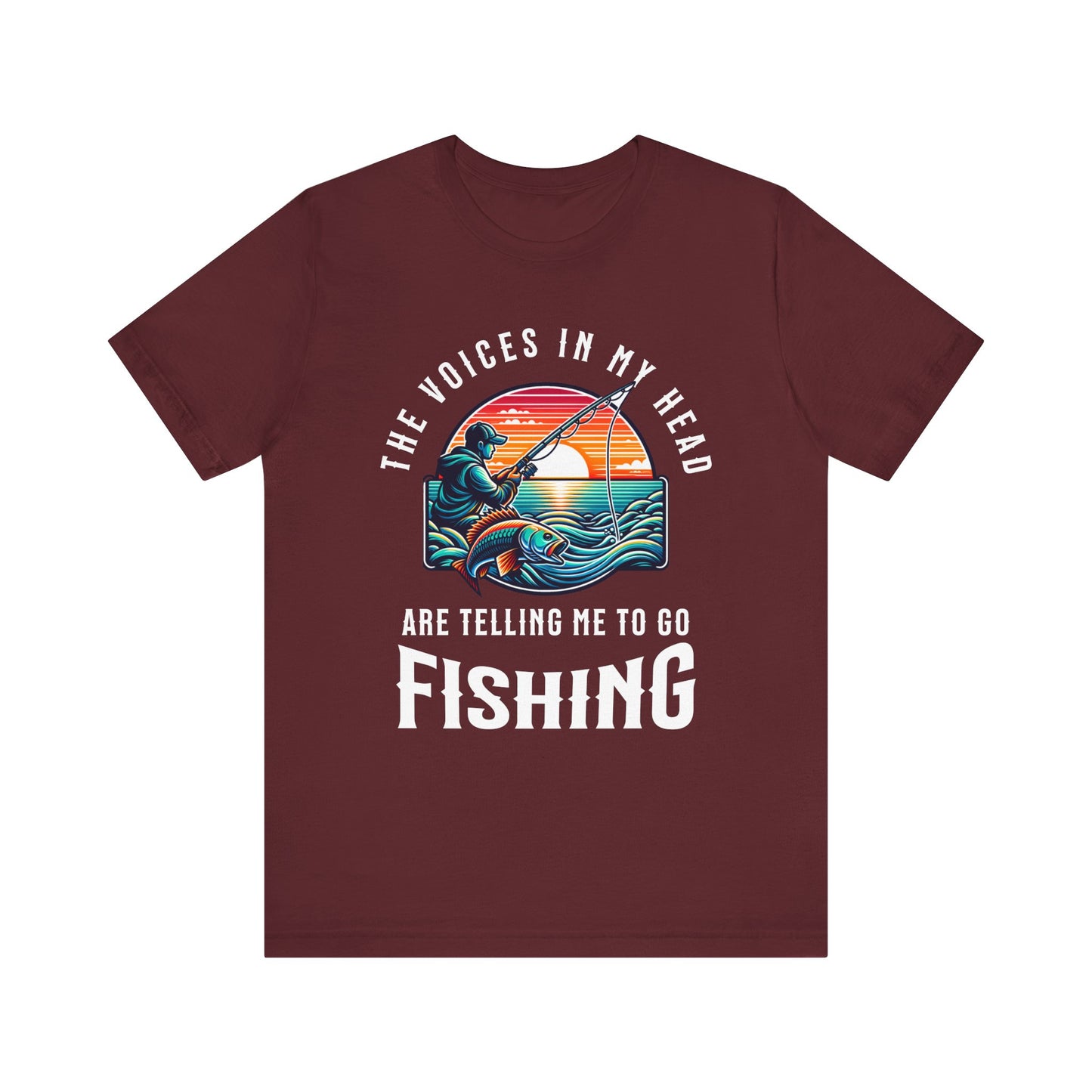 Fishing T‑Shirt — “The Voices in My Head Are Telling Me to Go Fishing” Vintage Sunset Tee