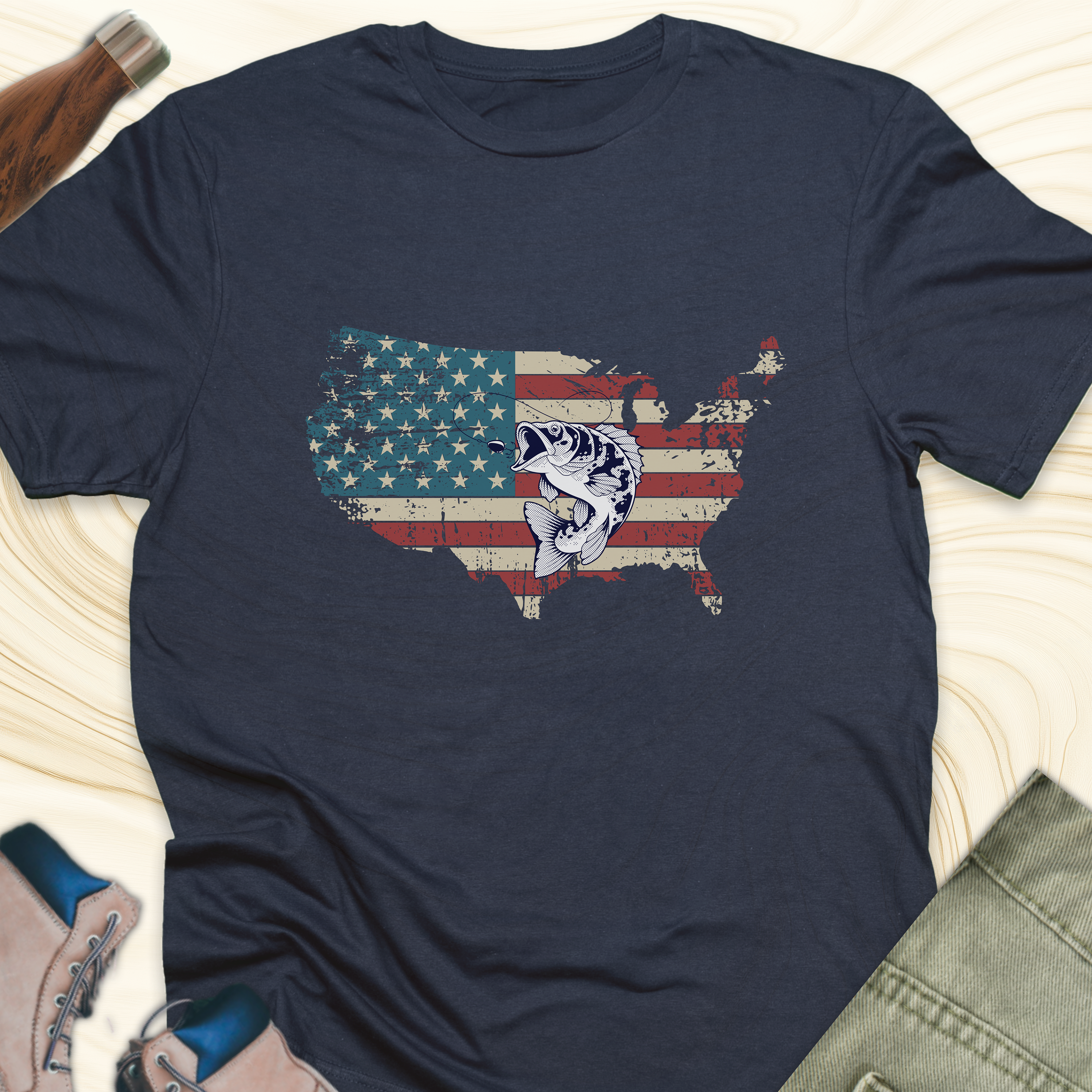 American Flag USA Map T-Shirt with Bass Graphic