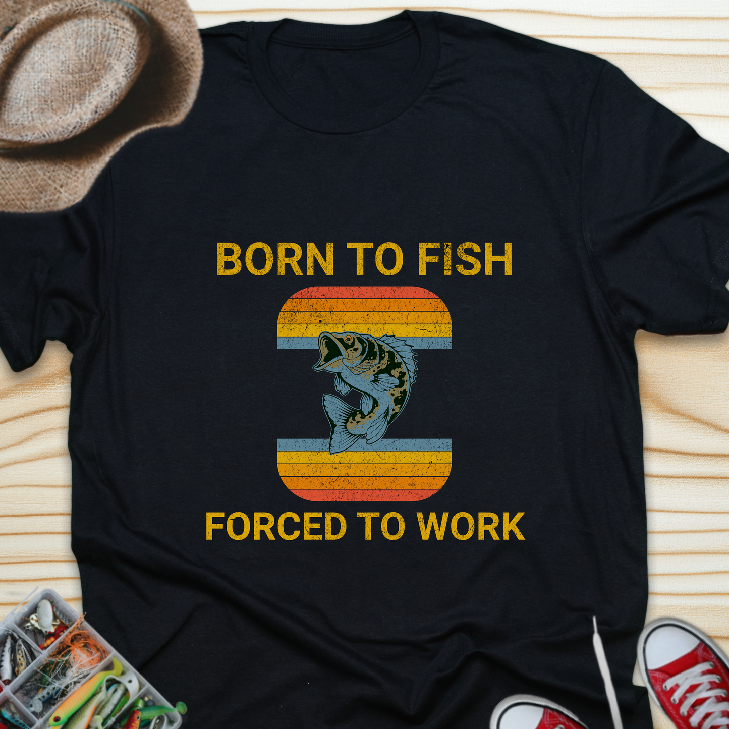 Born to Fish Forced to Work T-Shirt — Retro Fishing Tee for Anglers