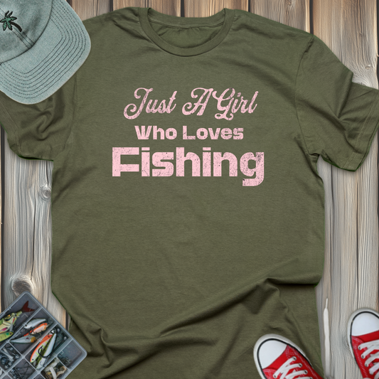 Fishing T-Shirt — "Just A Girl Who Loves Fishing" Pink Script Tee
