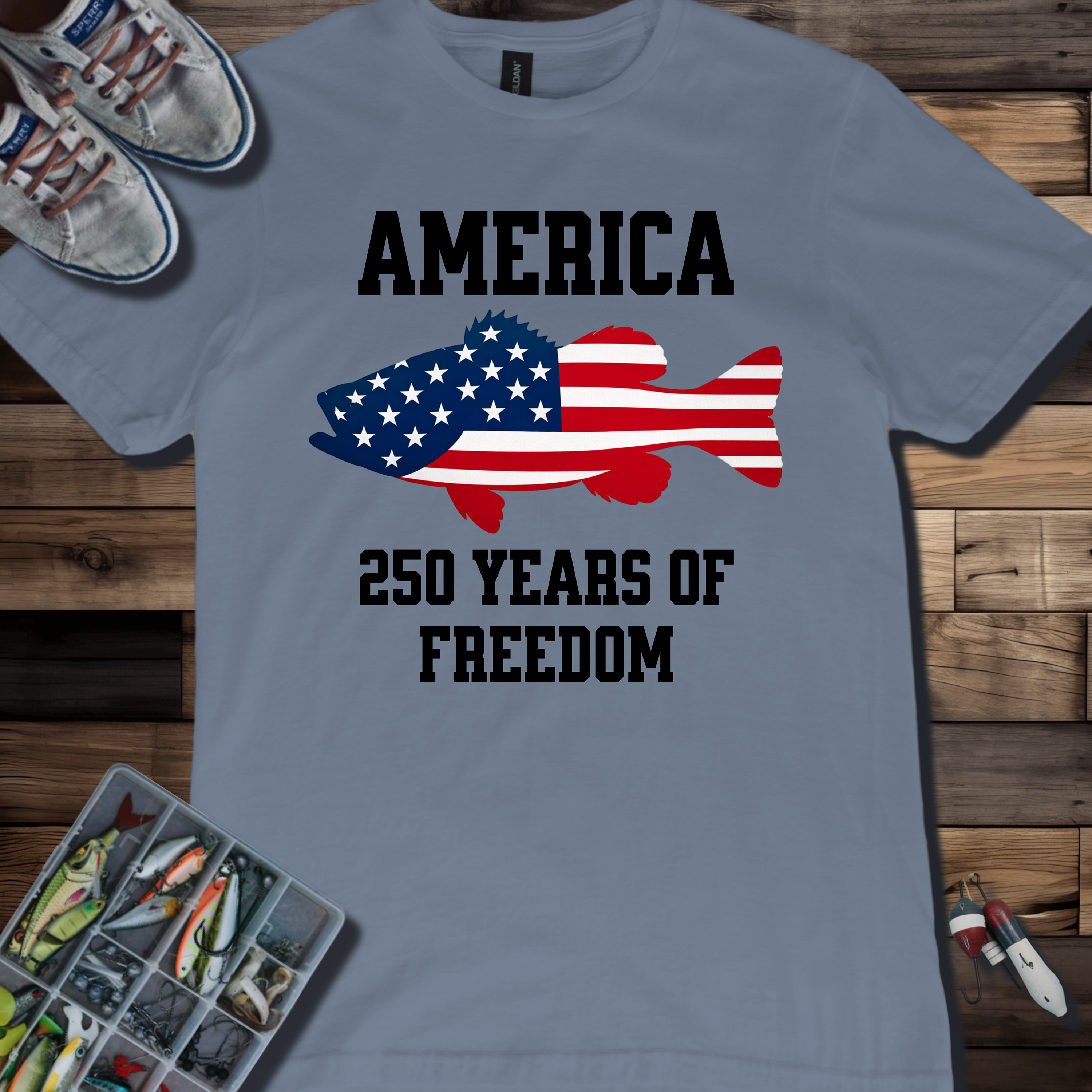 America Fish Flag T-Shirt — 250 Years of Freedom Patriotic Tee