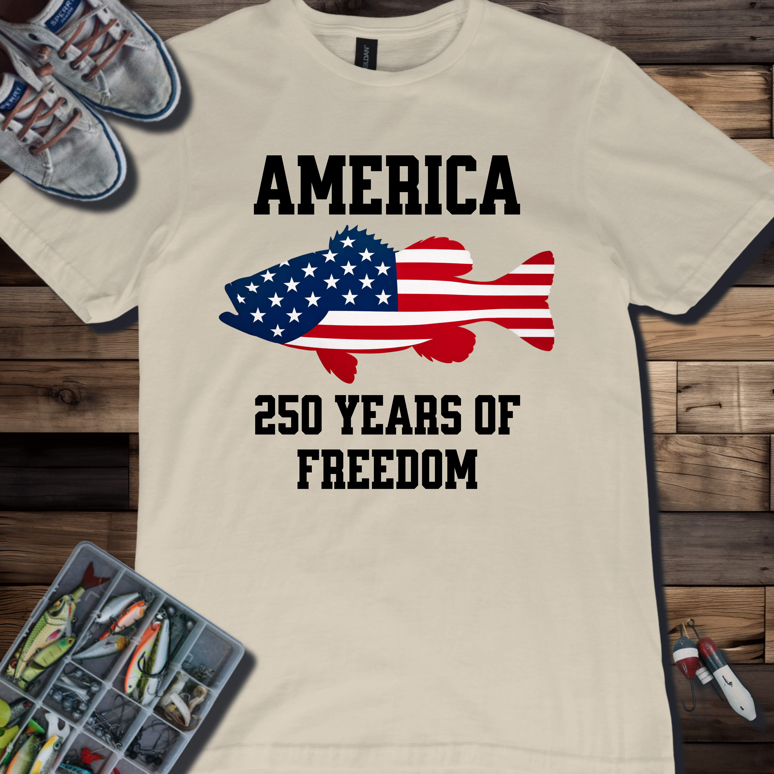 America Fish Flag T-Shirt — 250 Years of Freedom Patriotic Tee