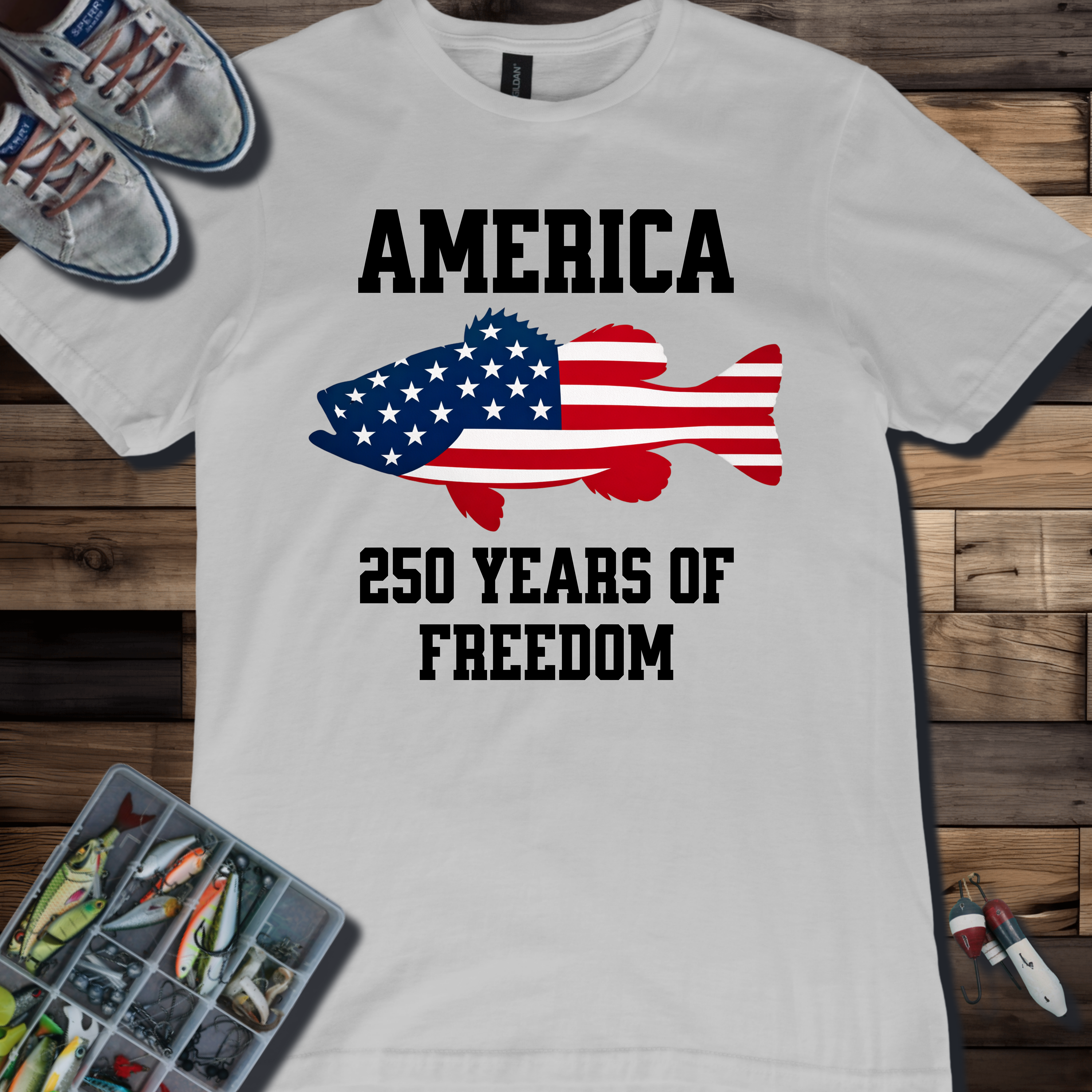 America Fish Flag T-Shirt — 250 Years of Freedom Patriotic Tee