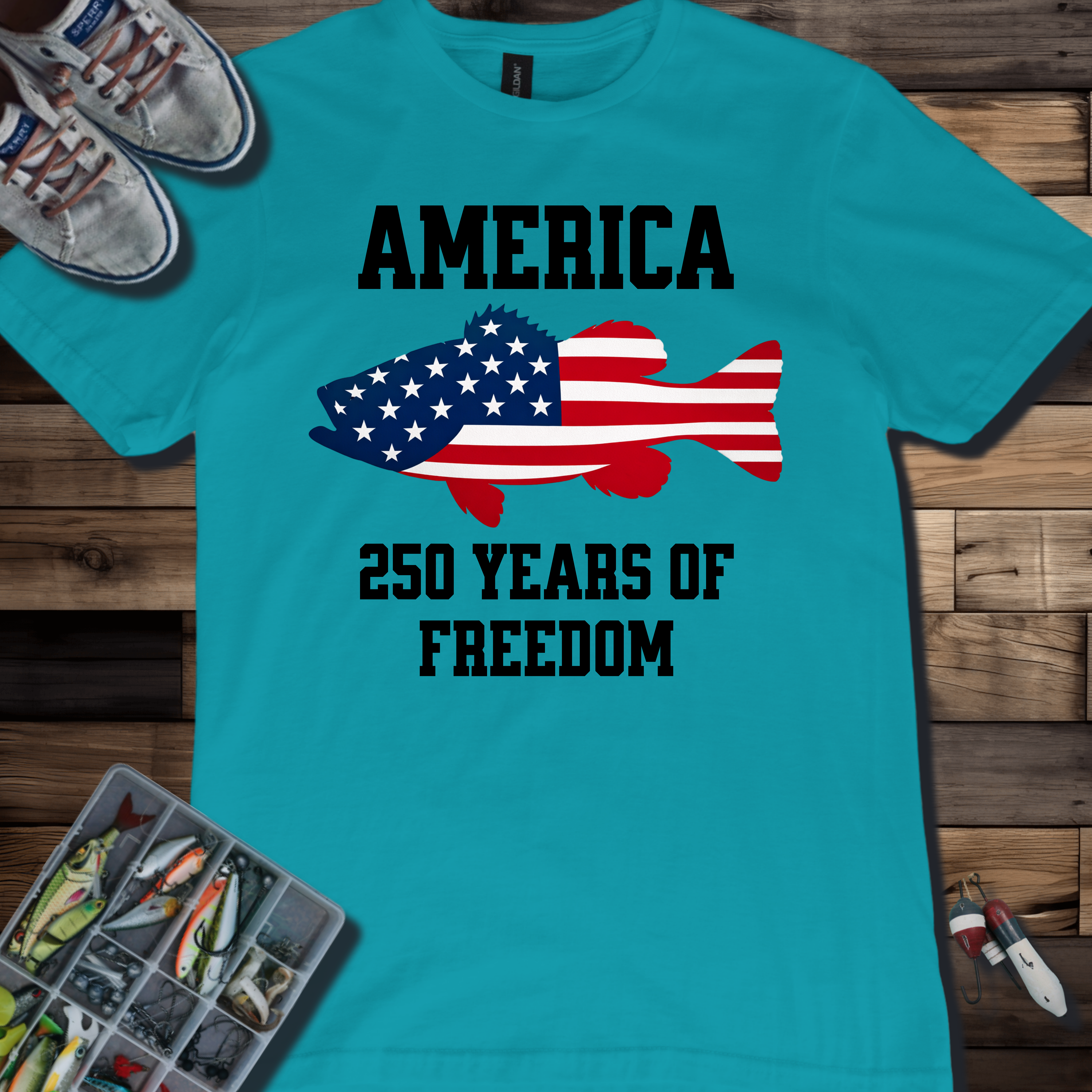 America Fish Flag T-Shirt — 250 Years of Freedom Patriotic Tee