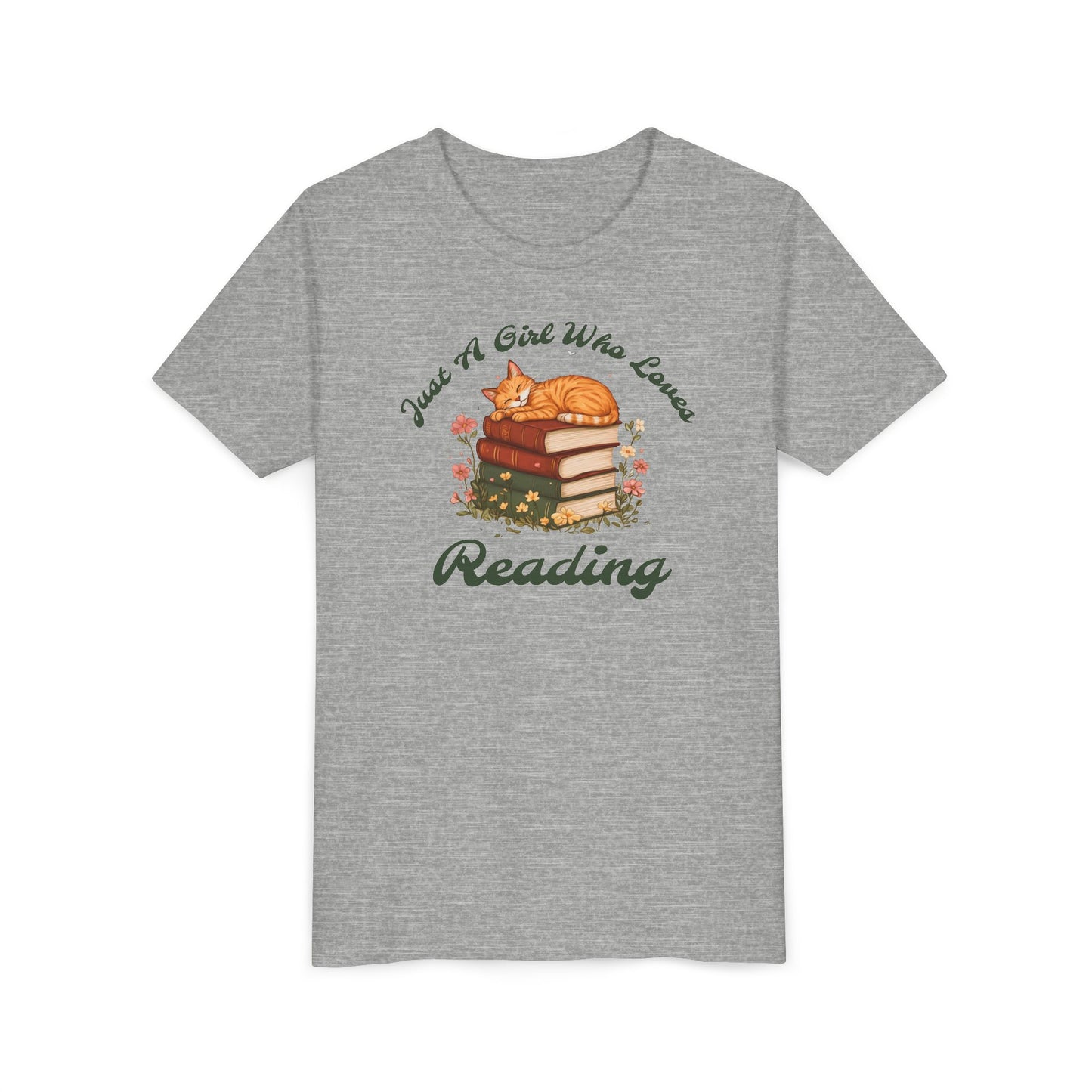 Youth Tee — "Just A Girl Who Loves Reading" Cat on Books Graphic