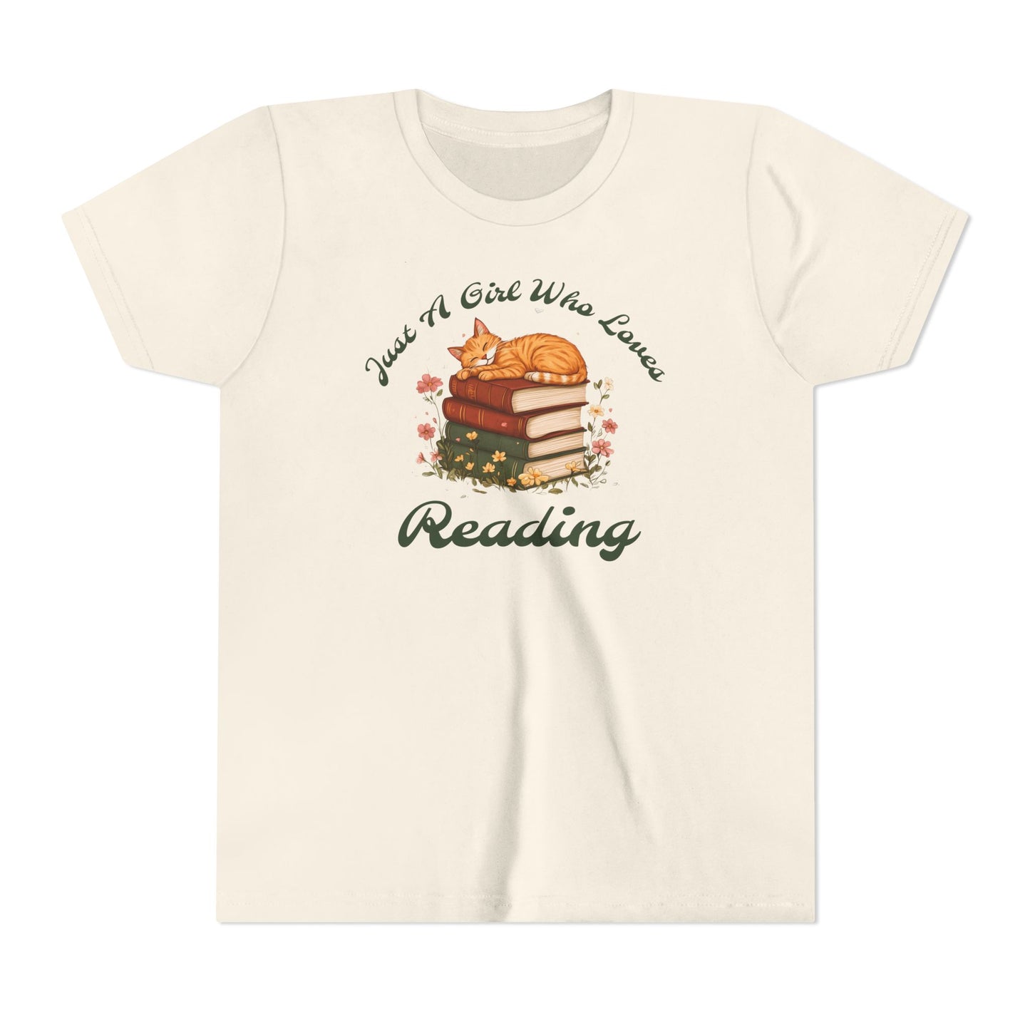 Youth Tee — "Just A Girl Who Loves Reading" Cat on Books Graphic