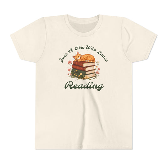 Youth Tee — "Just A Girl Who Loves Reading" Cat on Books Graphic