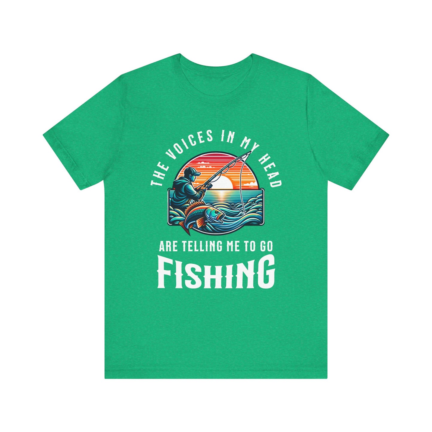 Fishing T‑Shirt — “The Voices in My Head Are Telling Me to Go Fishing” Vintage Sunset Tee