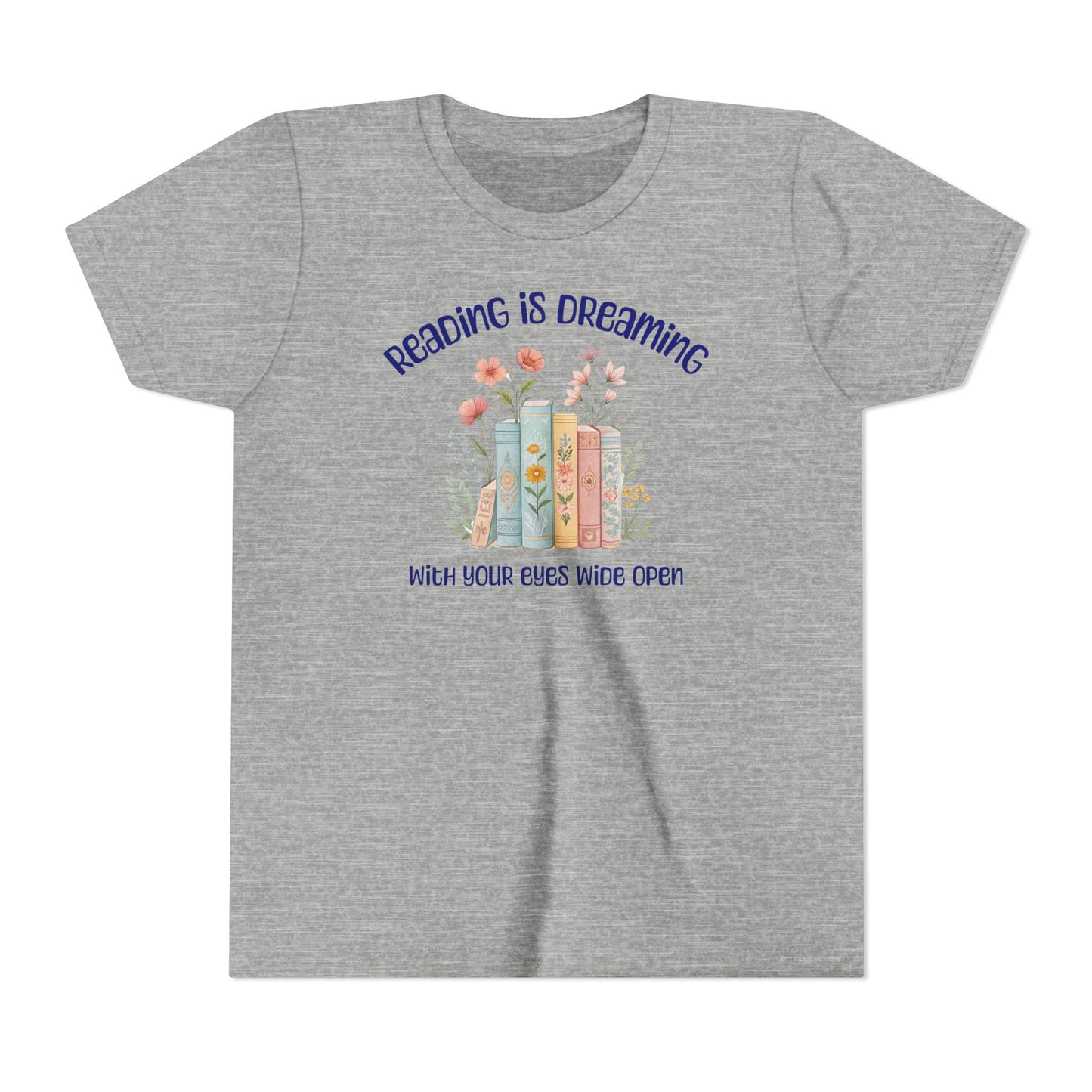 Youth Tee — "Reading Is Dreaming With Your Eyes Wide Open" Floral Book Graphic