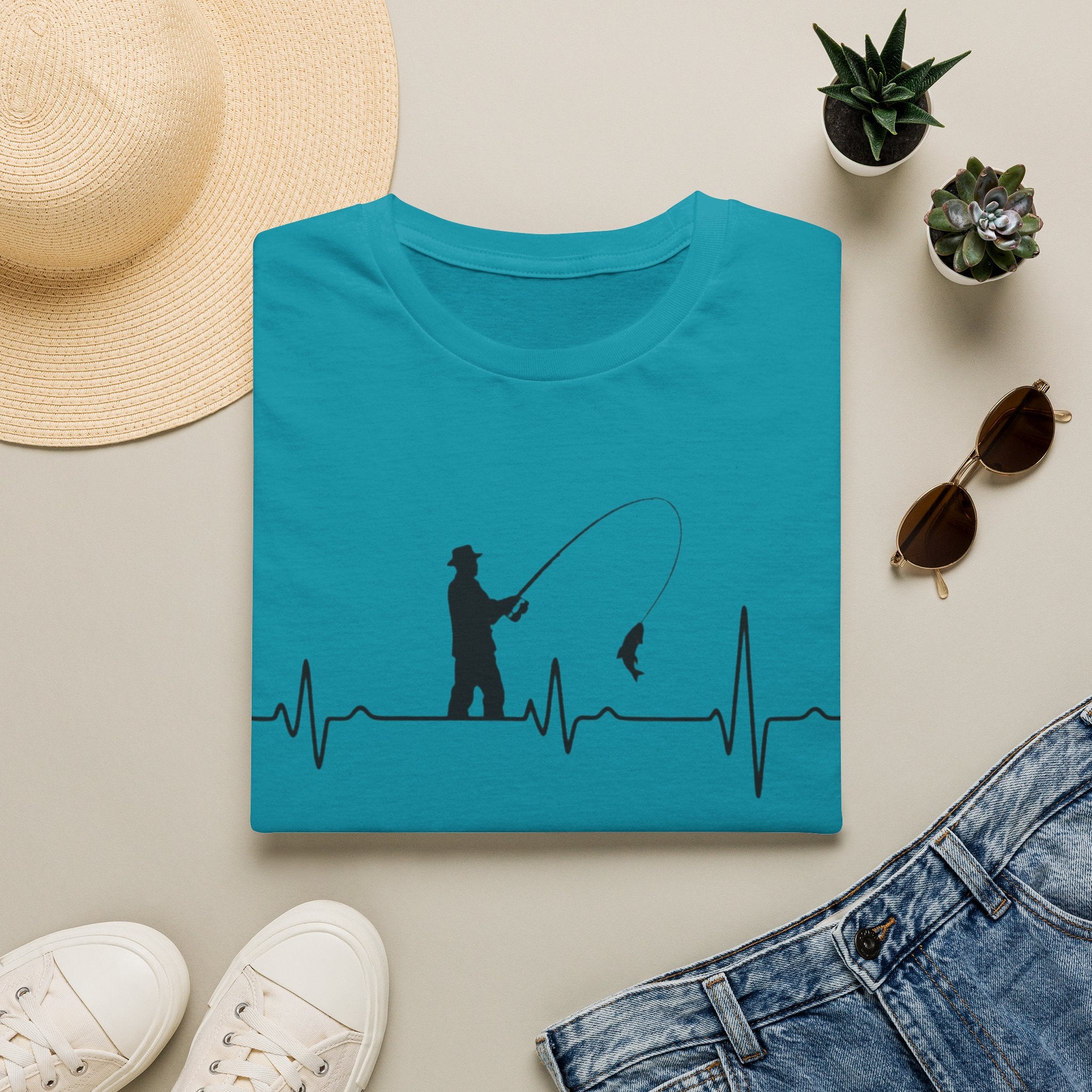 Fishing Heartbeat T-Shirt | Fly Fisherman EKG Line Graphic Tee for Anglers
