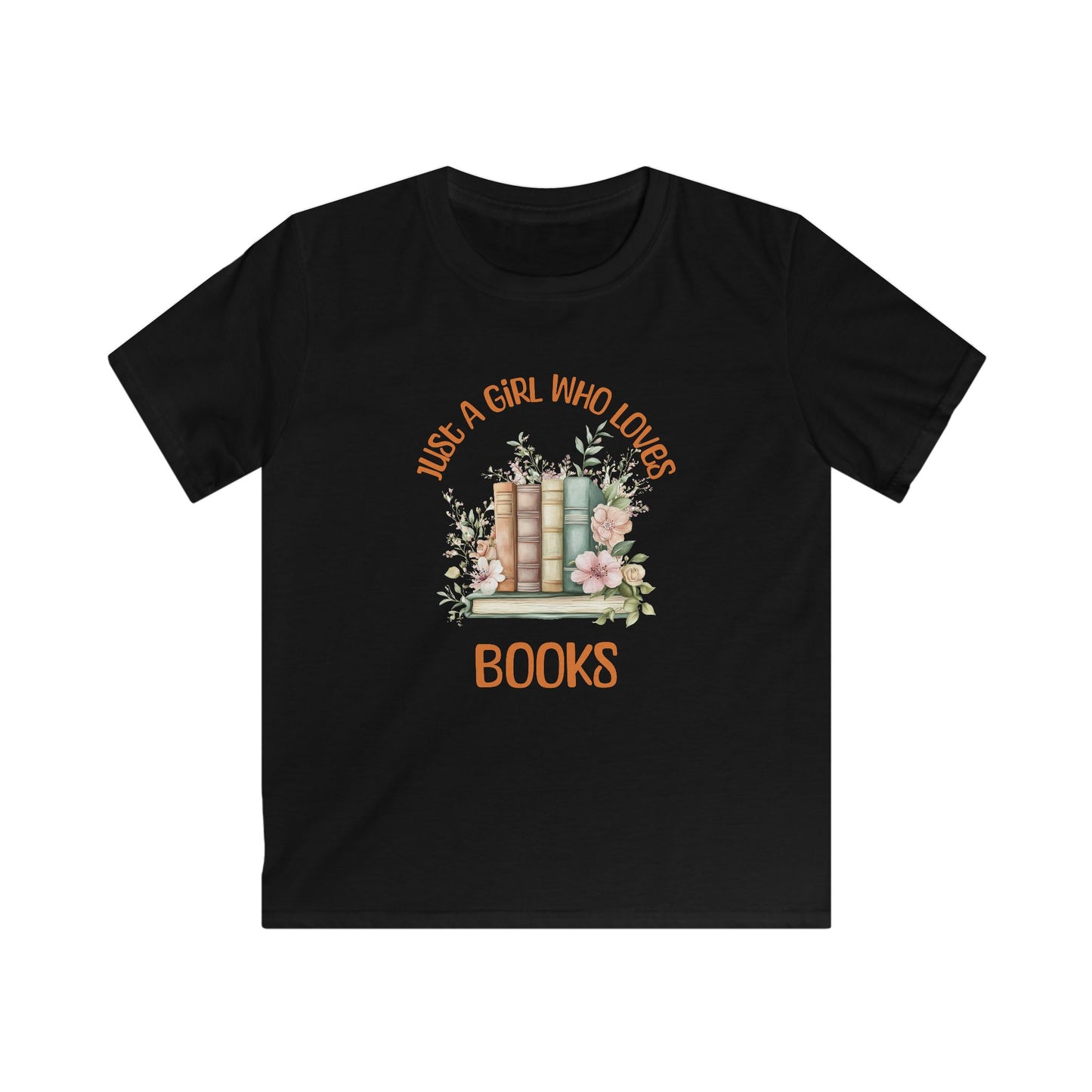 Kids T-Shirt — 'Just a Girl Who Loves Books' Floral Bookstack Tee