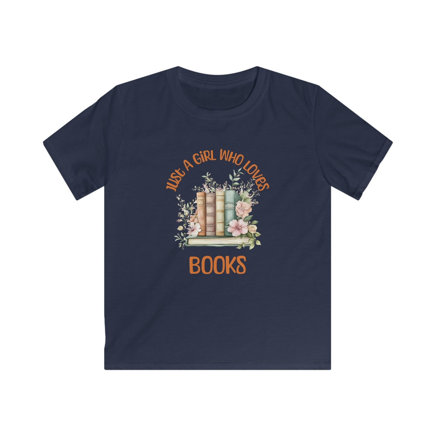 Kids T-Shirt — 'Just a Girl Who Loves Books' Floral Bookstack Tee