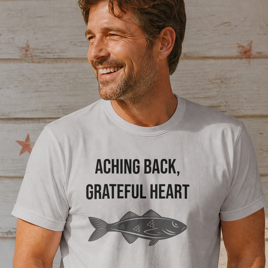 Aching Back, Grateful Heart Fishing T-Shirt | Funny Angler Tee for Fishermen