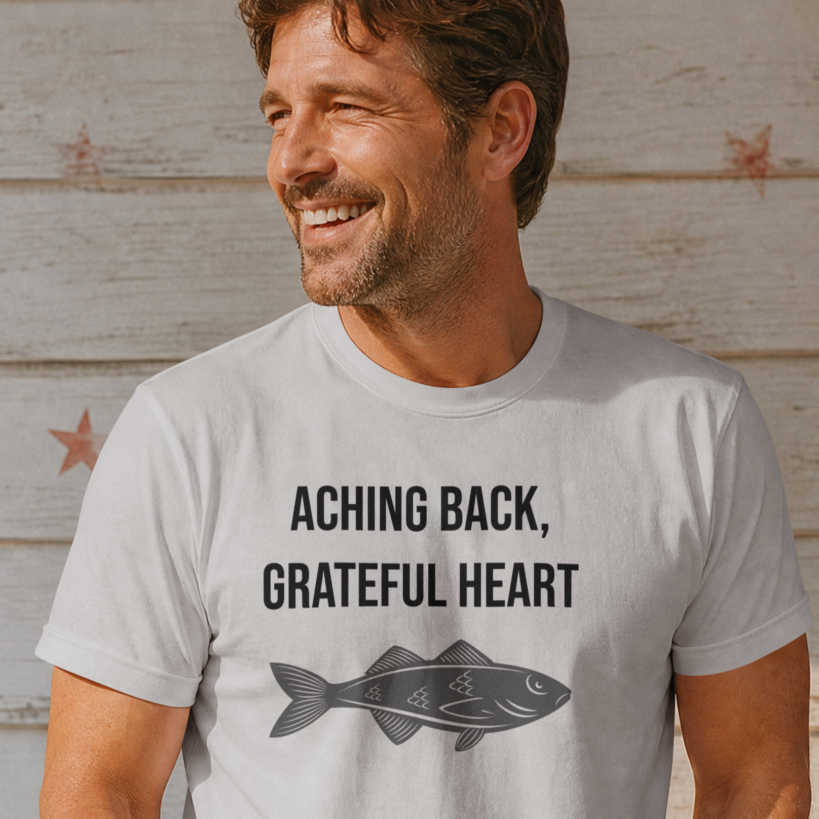 Aching Back, Grateful Heart Fishing T-Shirt | Funny Angler Tee for Fishermen