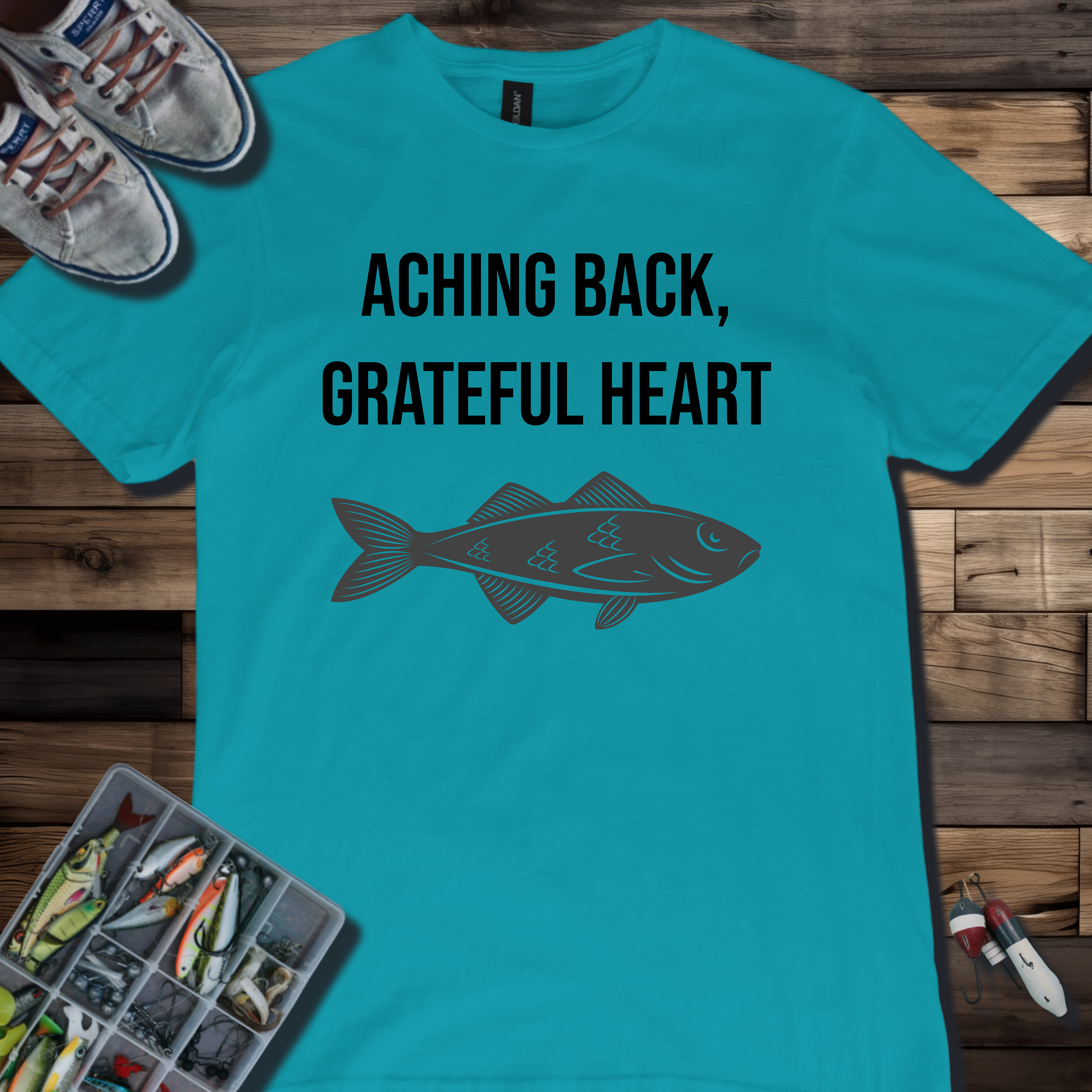 Aching Back, Grateful Heart Fishing T-Shirt | Funny Angler Tee for Fishermen