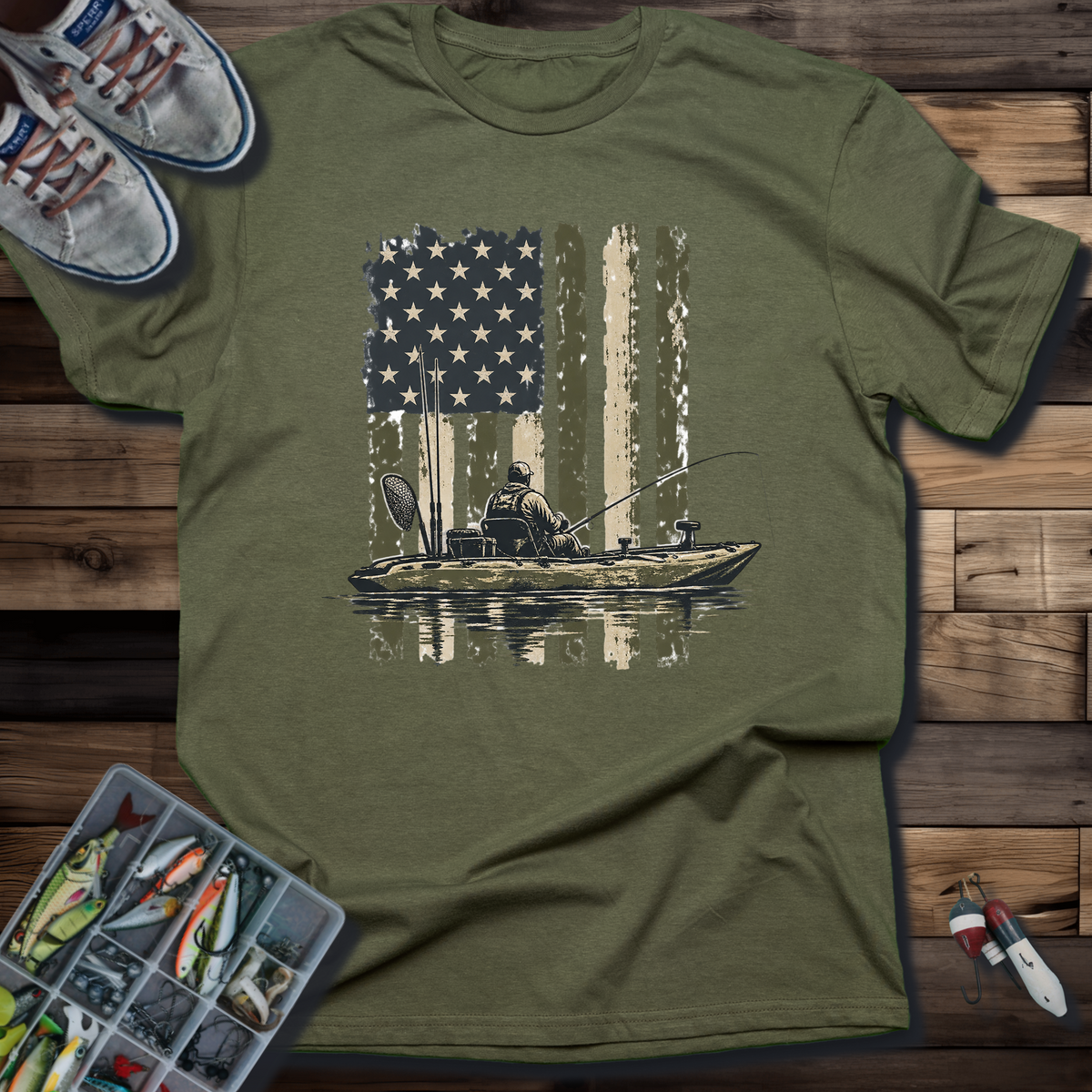 Fishing Kayak American Flag T-shirt