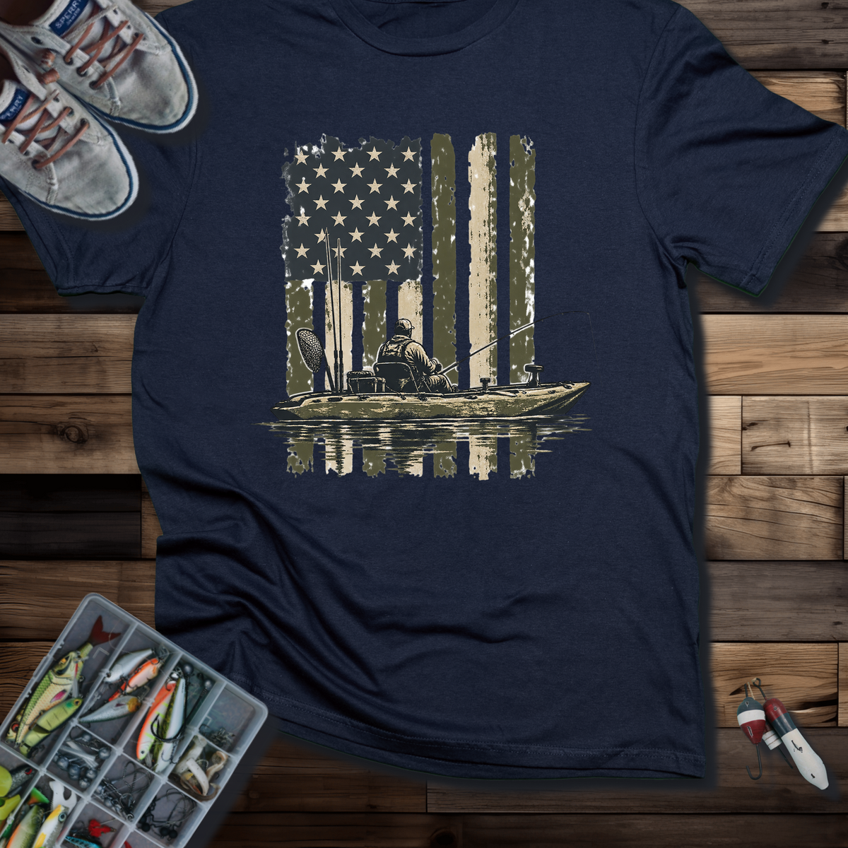 Fishing Kayak American Flag T-shirt