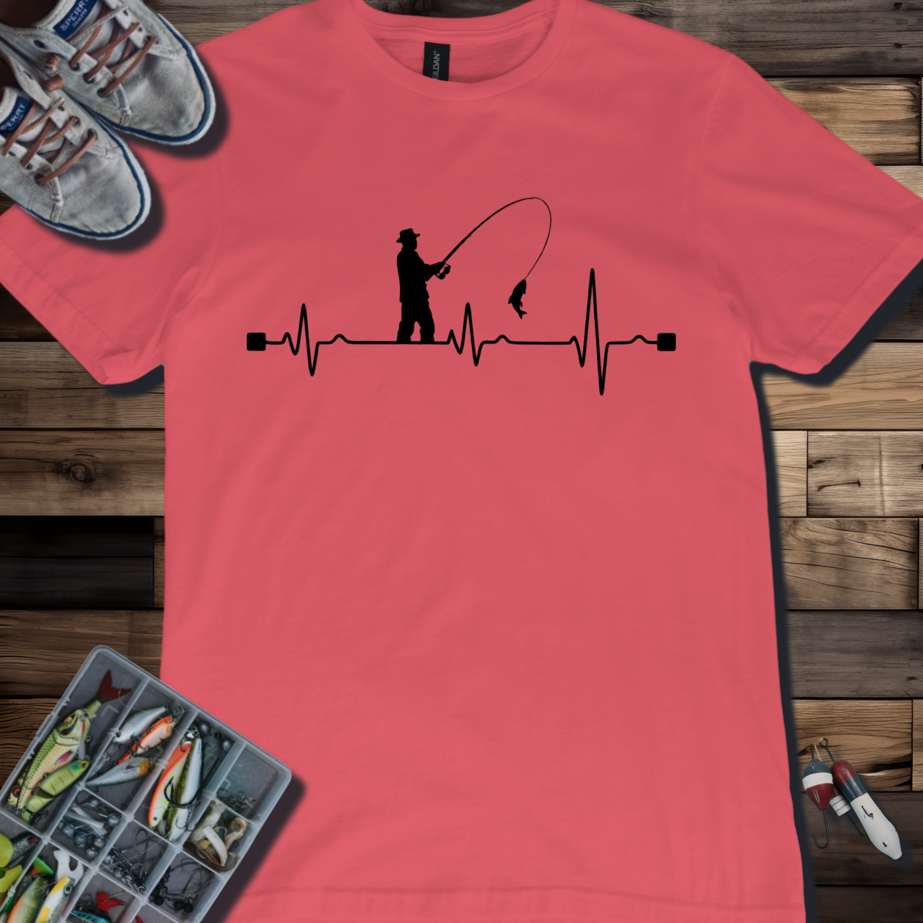 Fishing Heartbeat T-Shirt | Fly Fisherman EKG Line Graphic Tee for Anglers