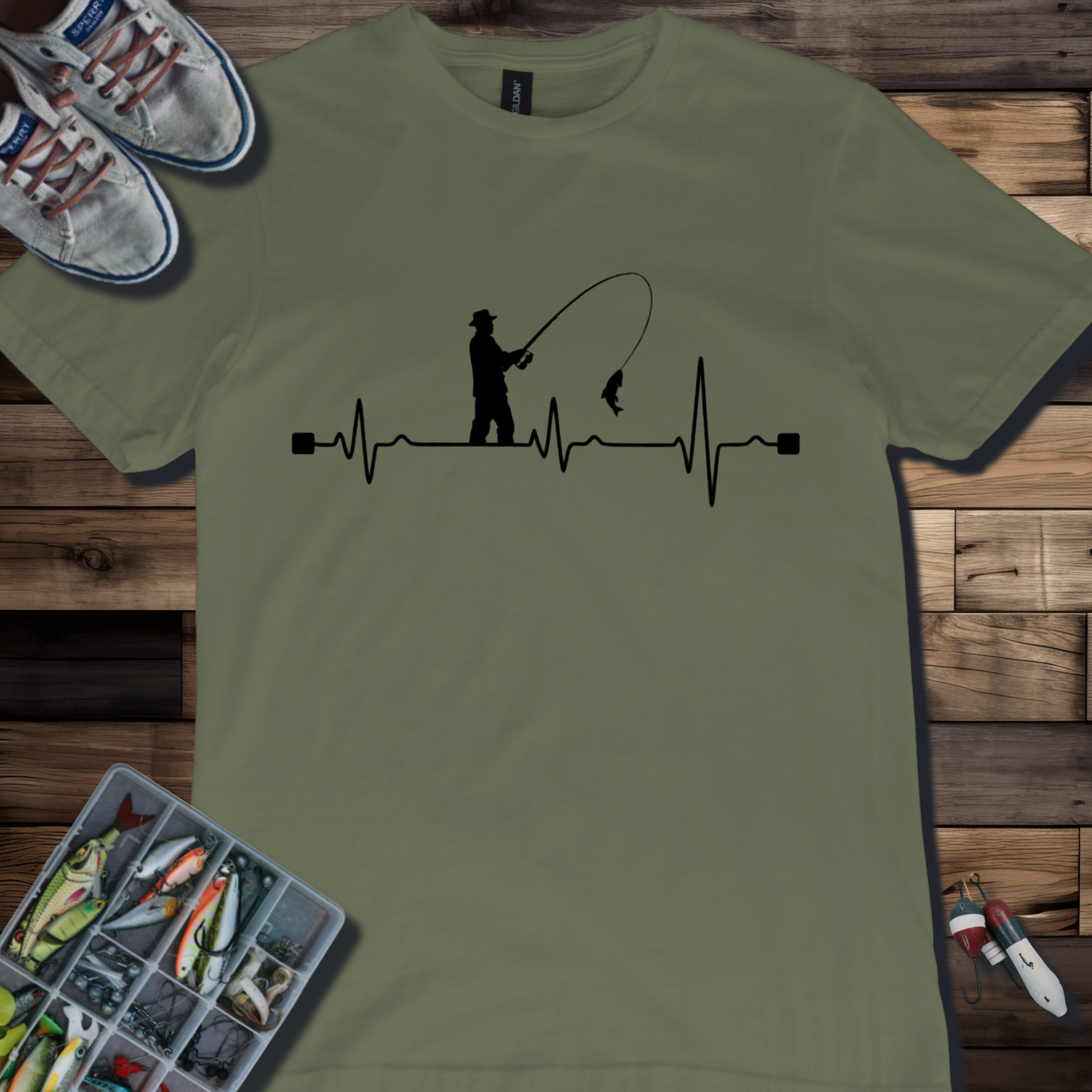 Fishing Heartbeat T-Shirt | Fly Fisherman EKG Line Graphic Tee for Anglers