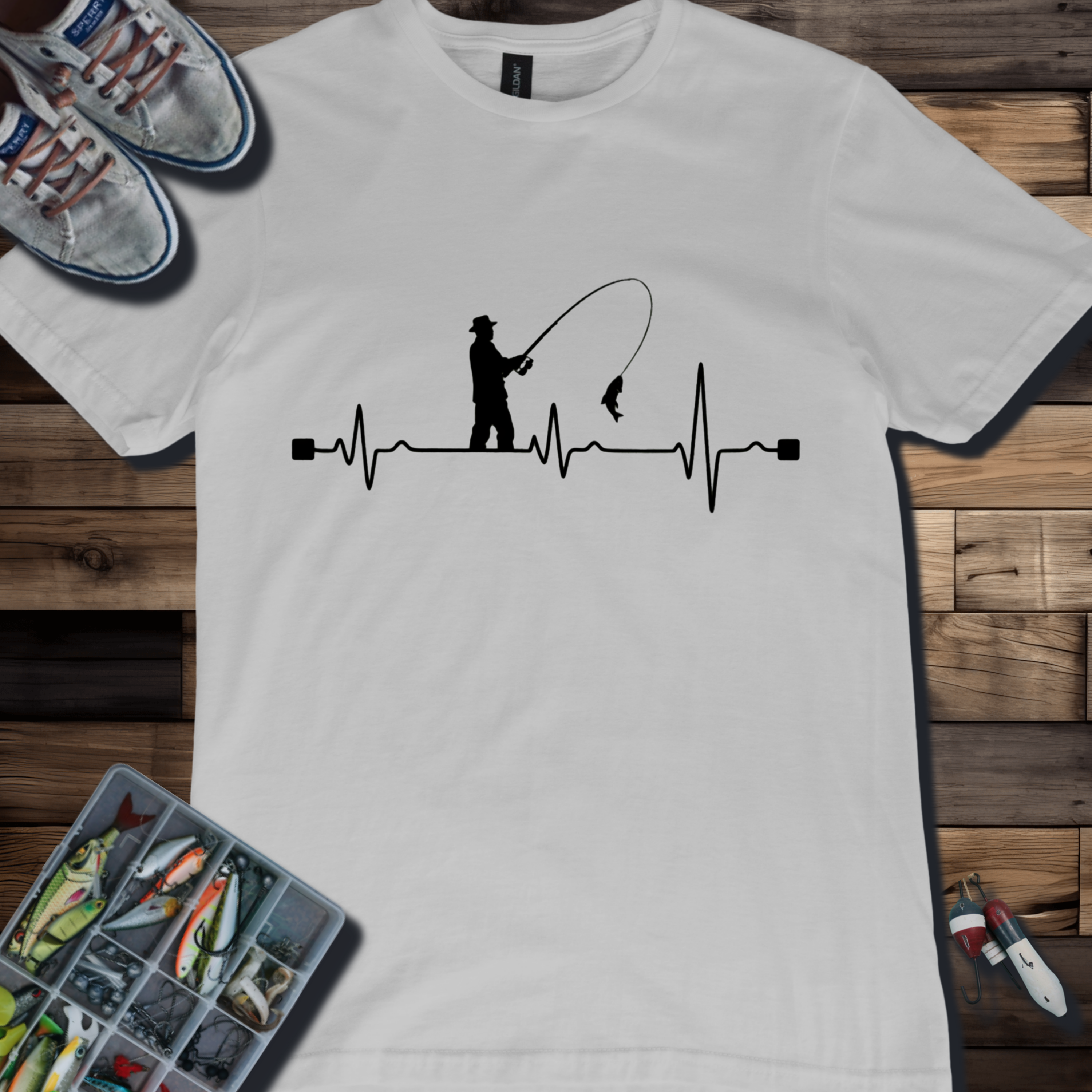 Fishing Heartbeat T-Shirt | Fly Fisherman EKG Line Graphic Tee for Anglers