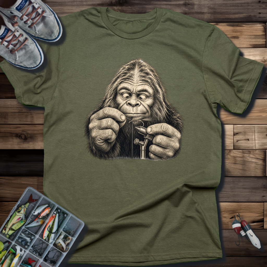 Sasquatch Fly Tying T-Shirt | Bigfoot Fly Fishing Tee for Anglers