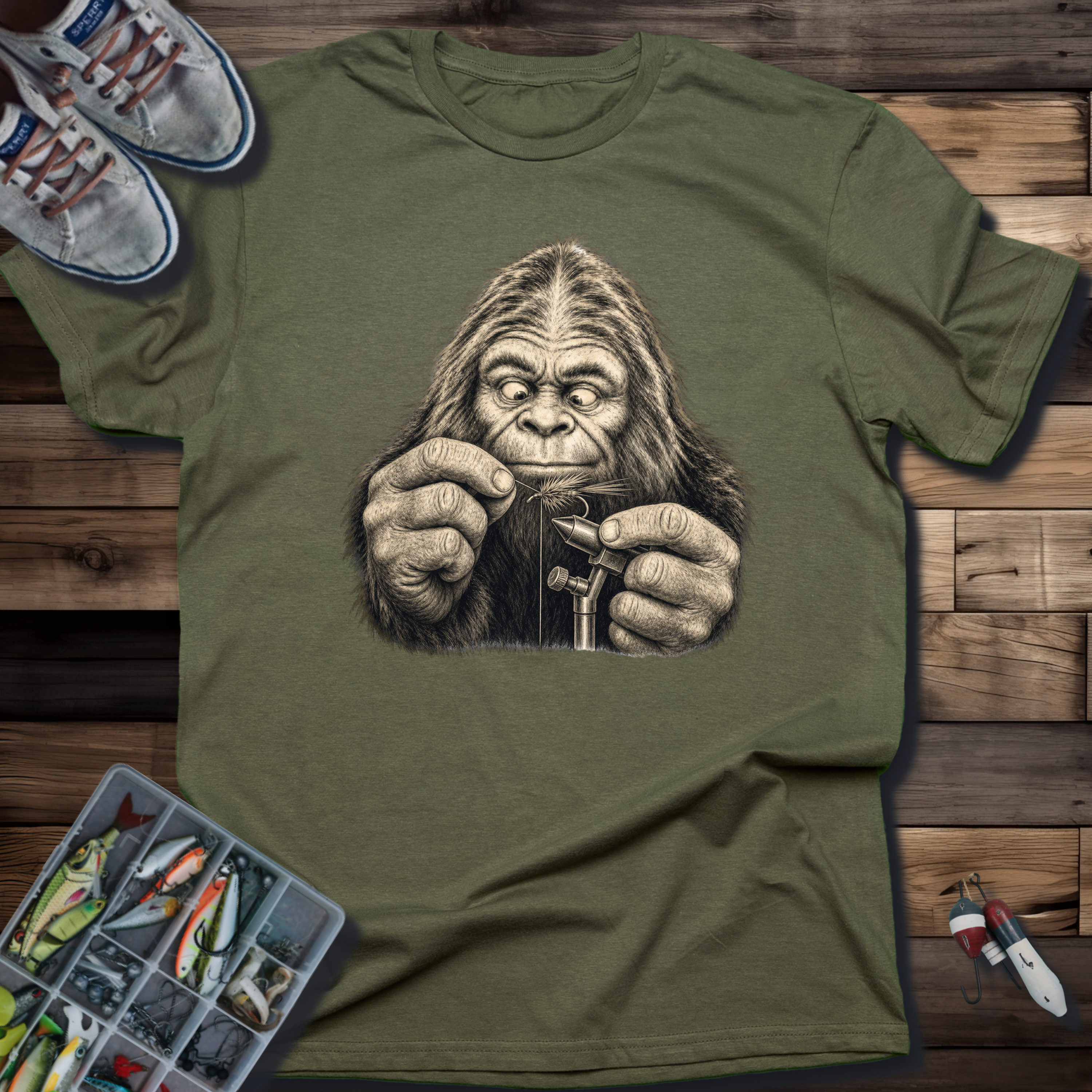 Sasquatch Fly Tying T-Shirt | Bigfoot Fly Fishing Tee for Anglers