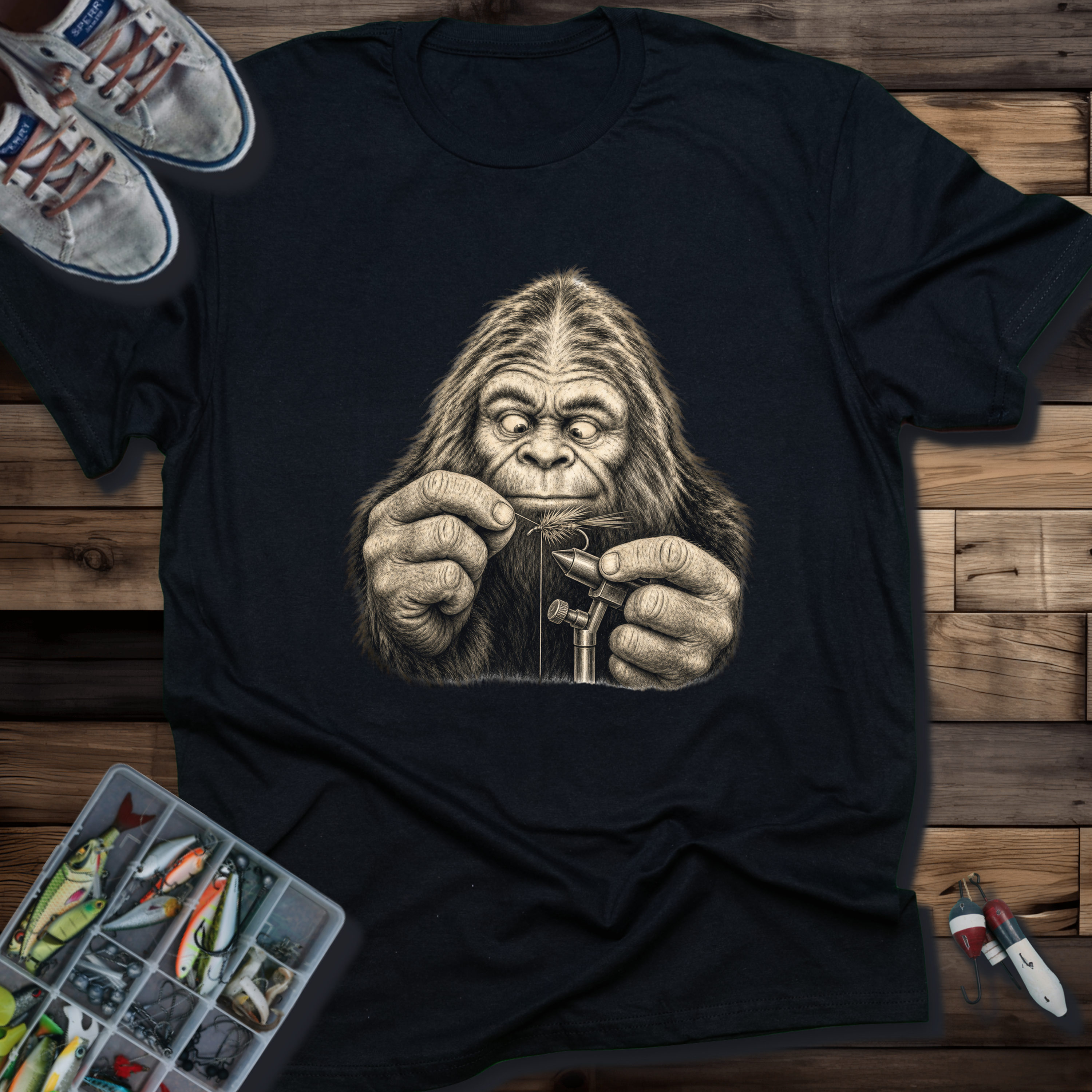 Sasquatch Fly Tying T-Shirt | Bigfoot Fly Fishing Tee for Anglers