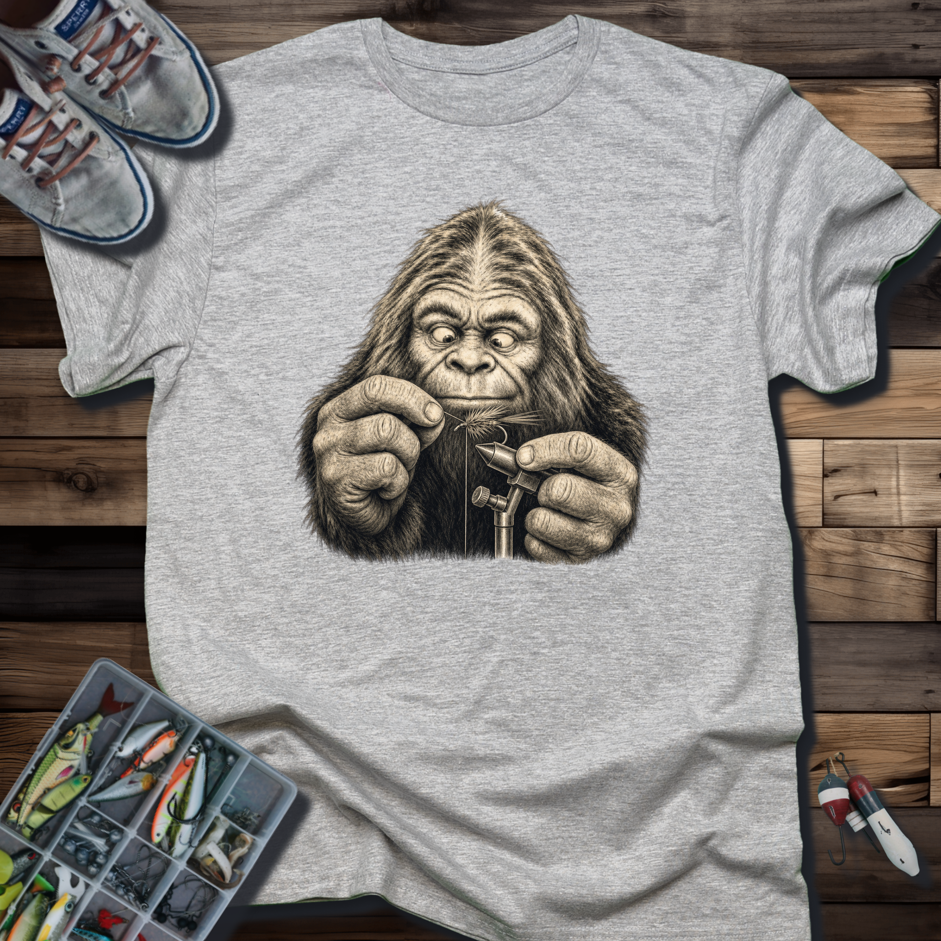 Sasquatch Fly Tying T-Shirt | Bigfoot Fly Fishing Tee for Anglers