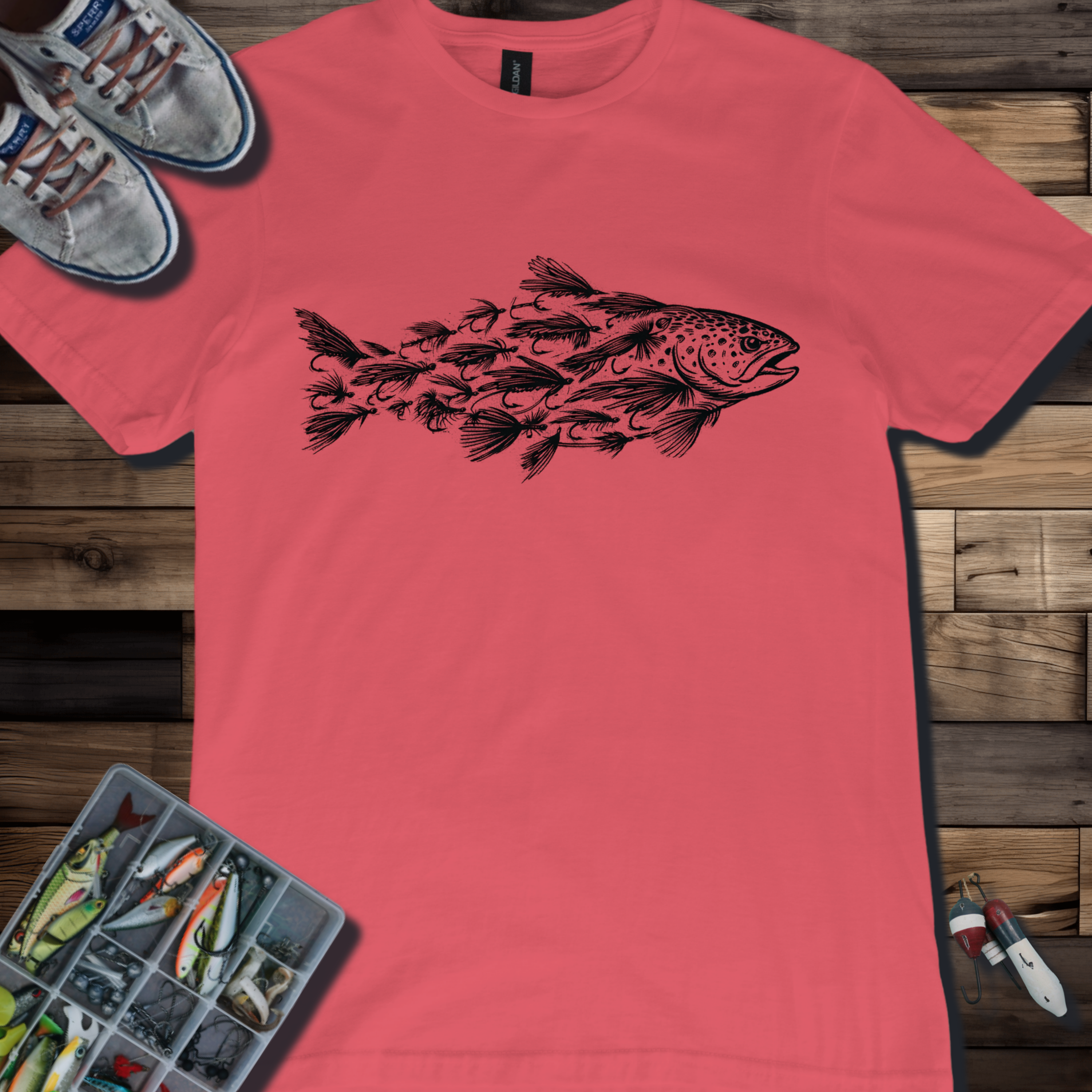 Trout Silhouette Made of Trout Flies Fishing T-Shirt