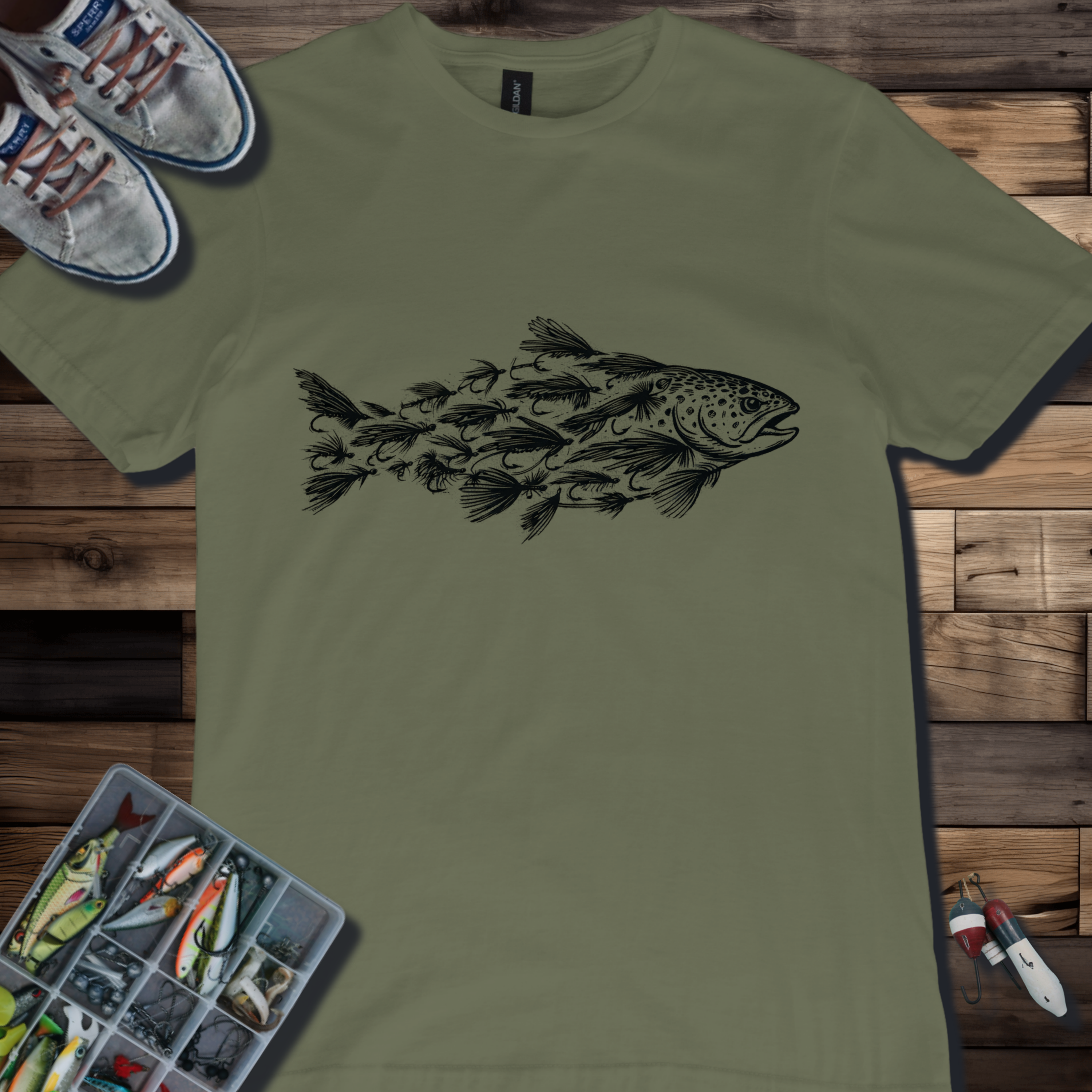 Trout Silhouette Made of Trout Flies Fishing T-Shirt