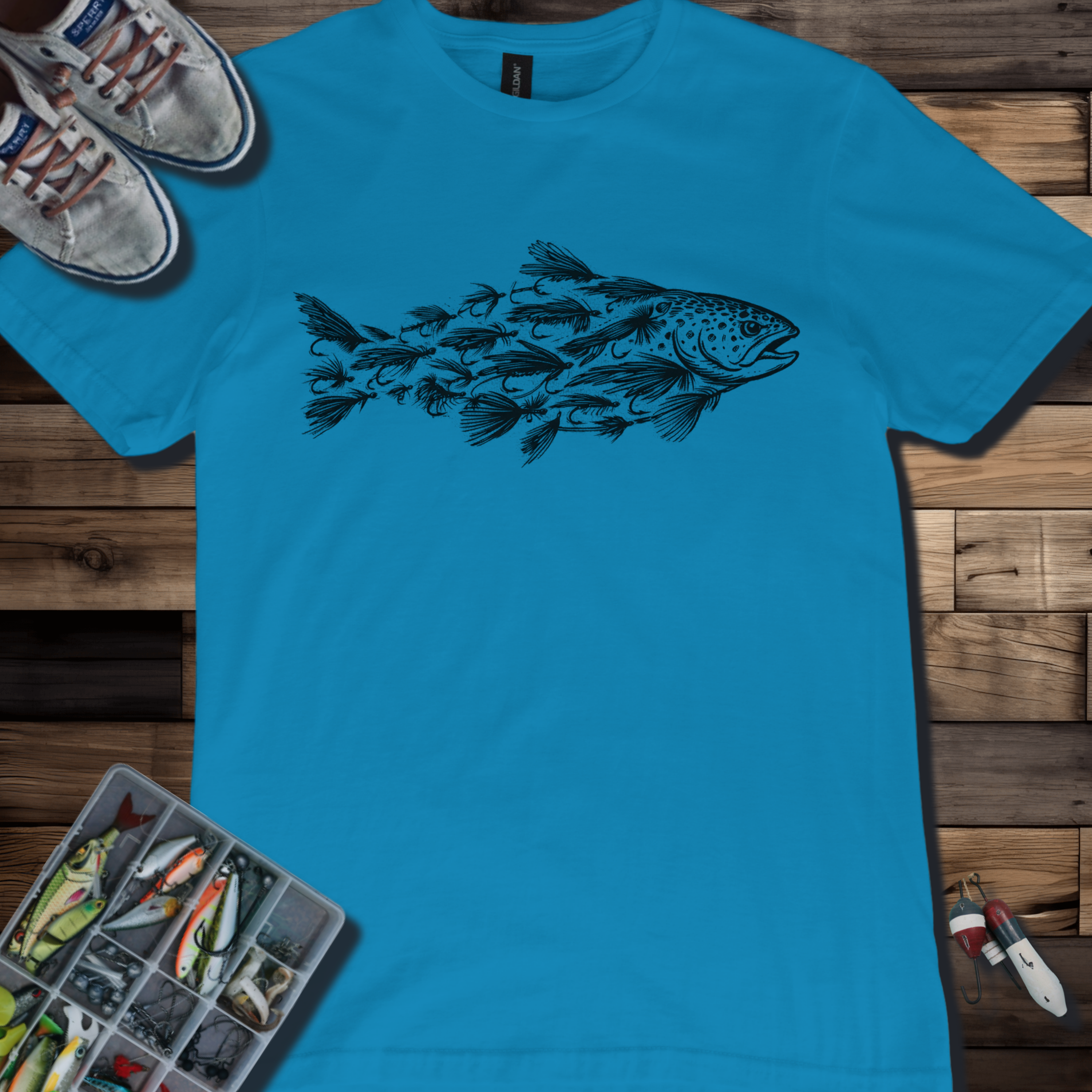 Trout Silhouette Made of Trout Flies Fishing T-Shirt