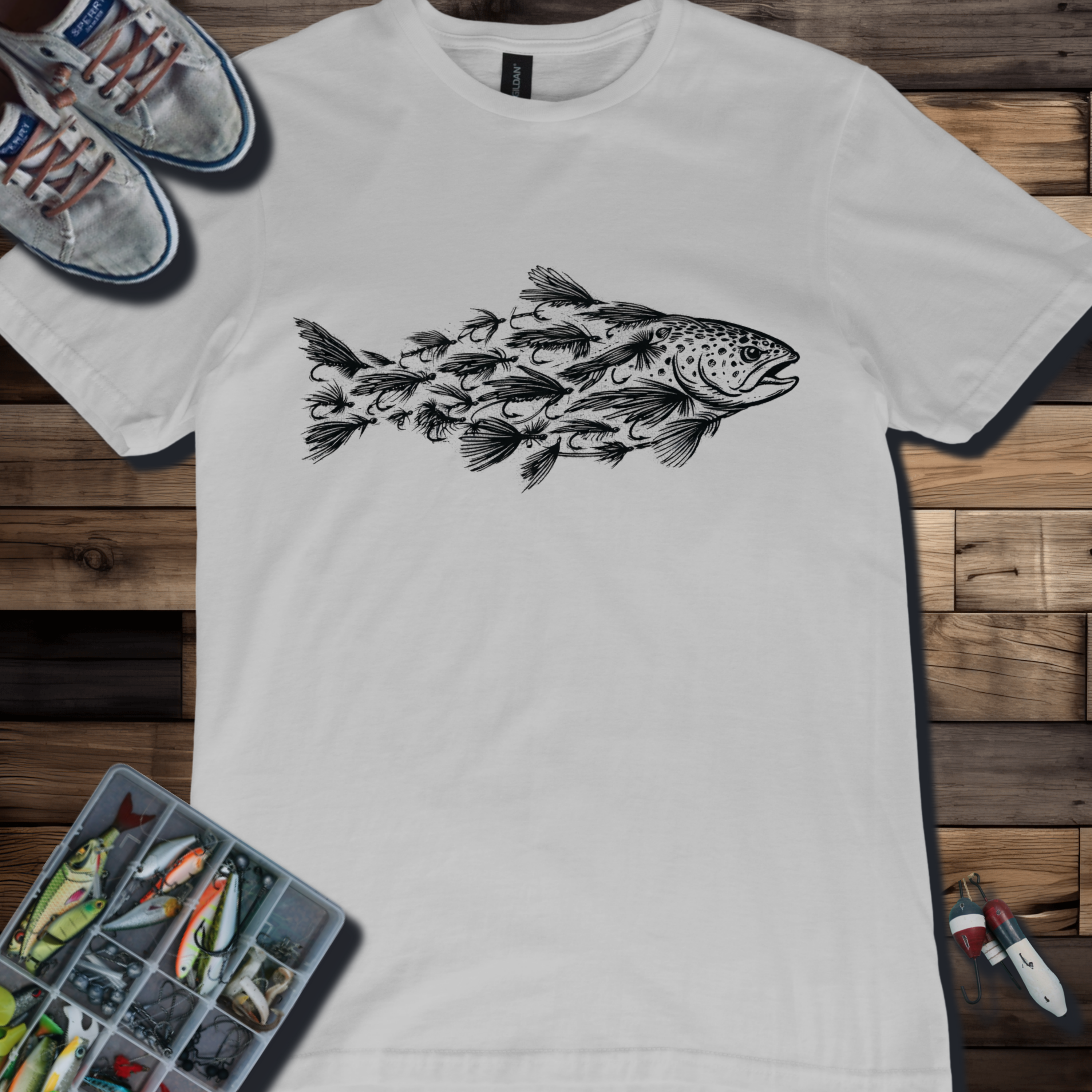 Trout Silhouette Made of Trout Flies Fishing T-Shirt