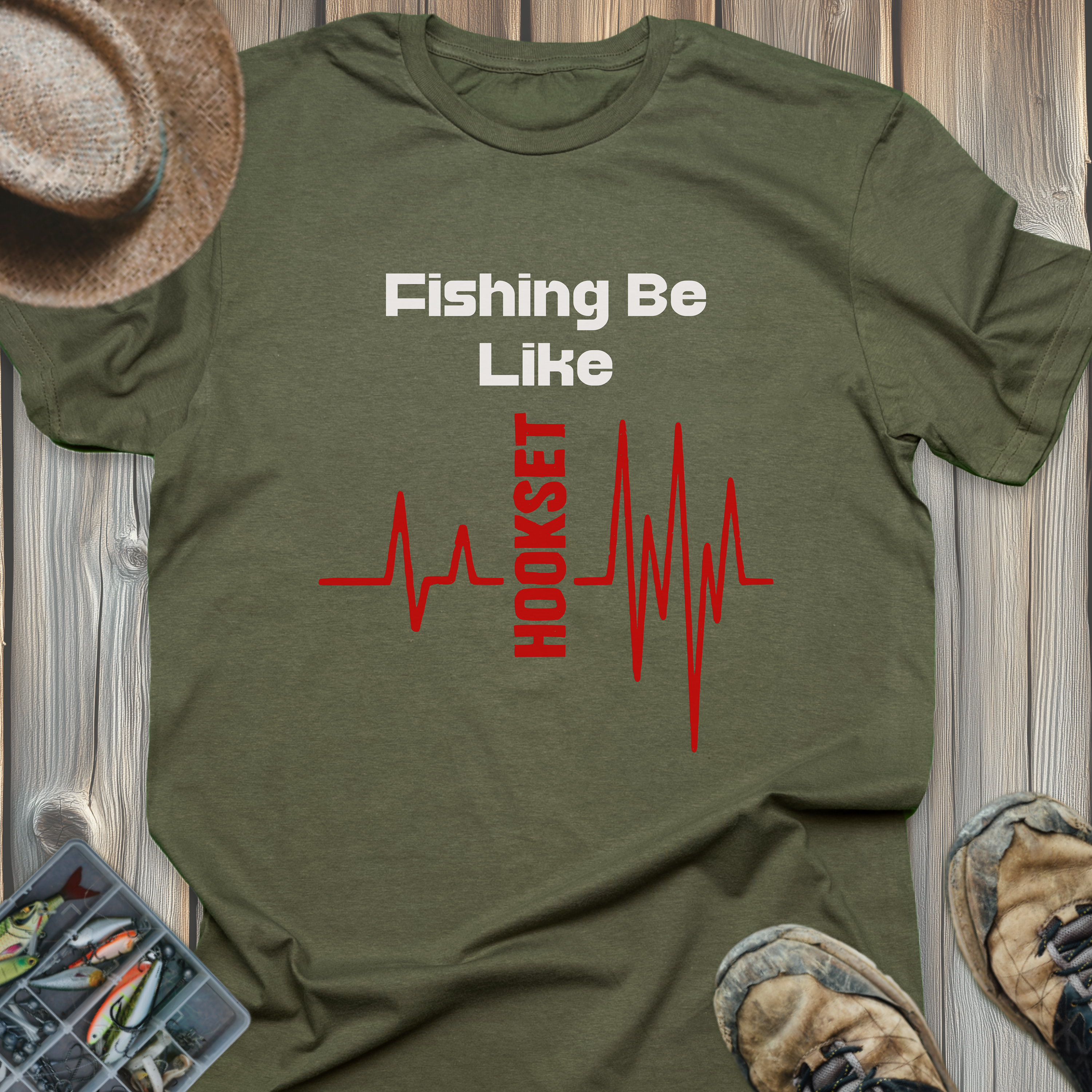 Fishing Be Like Hookset T-Shirt — Fisherman Heartbeat Graphic Tee