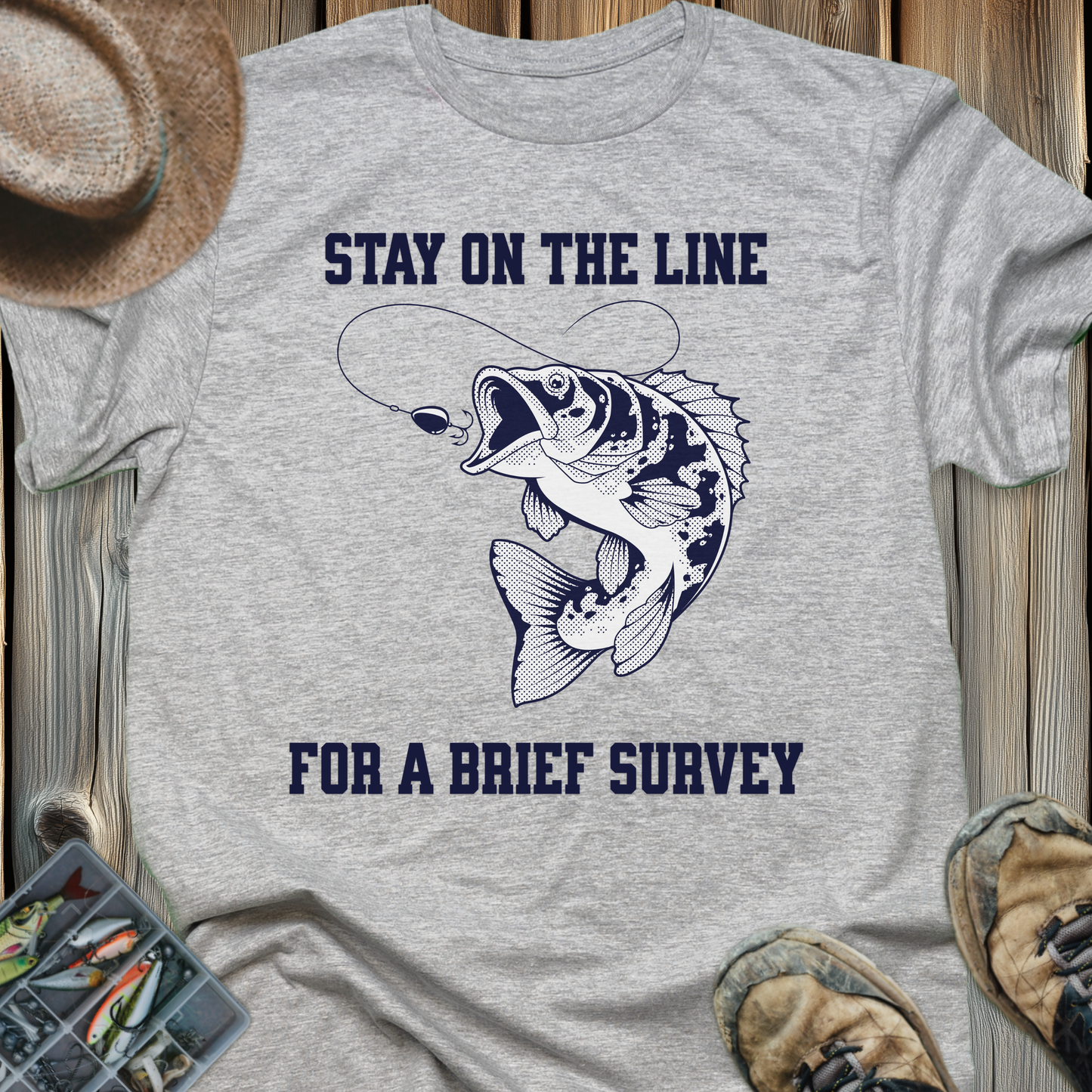 Bass Jumping Graphic T-Shirt — "Stay On The Line For Brief Survey"