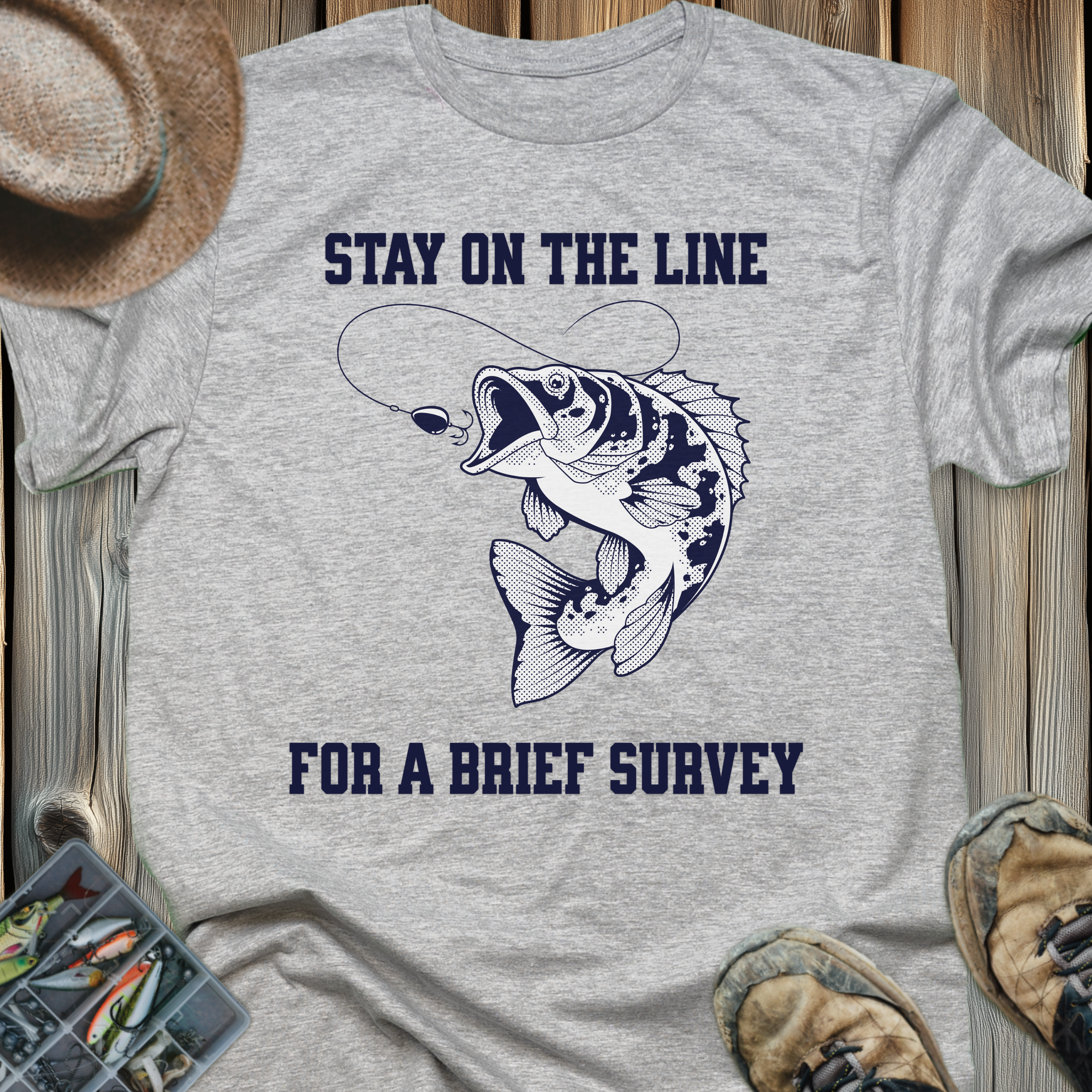 Bass Jumping Graphic T-Shirt — "Stay On The Line For Brief Survey"