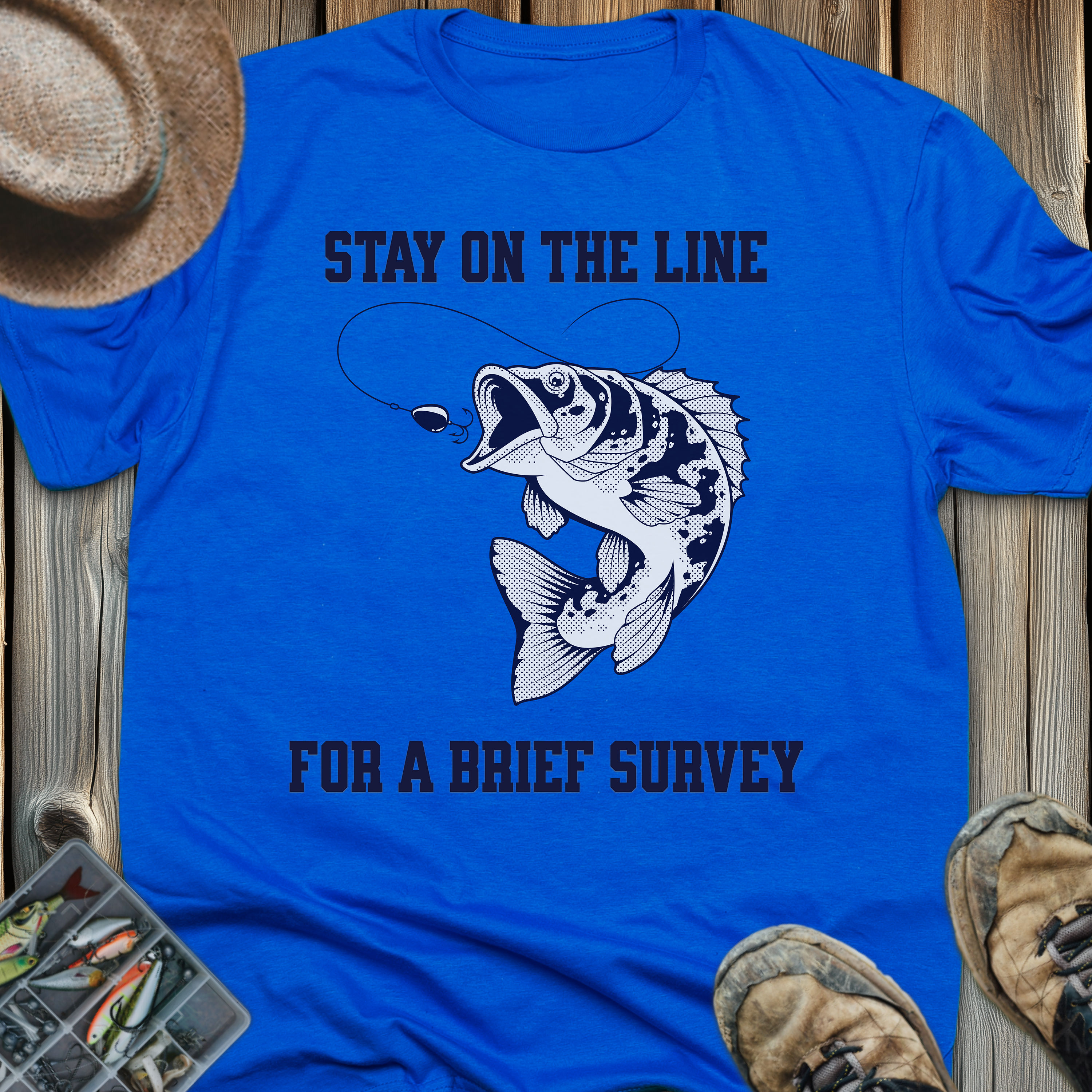 Bass Jumping Graphic T-Shirt — "Stay On The Line For Brief Survey"